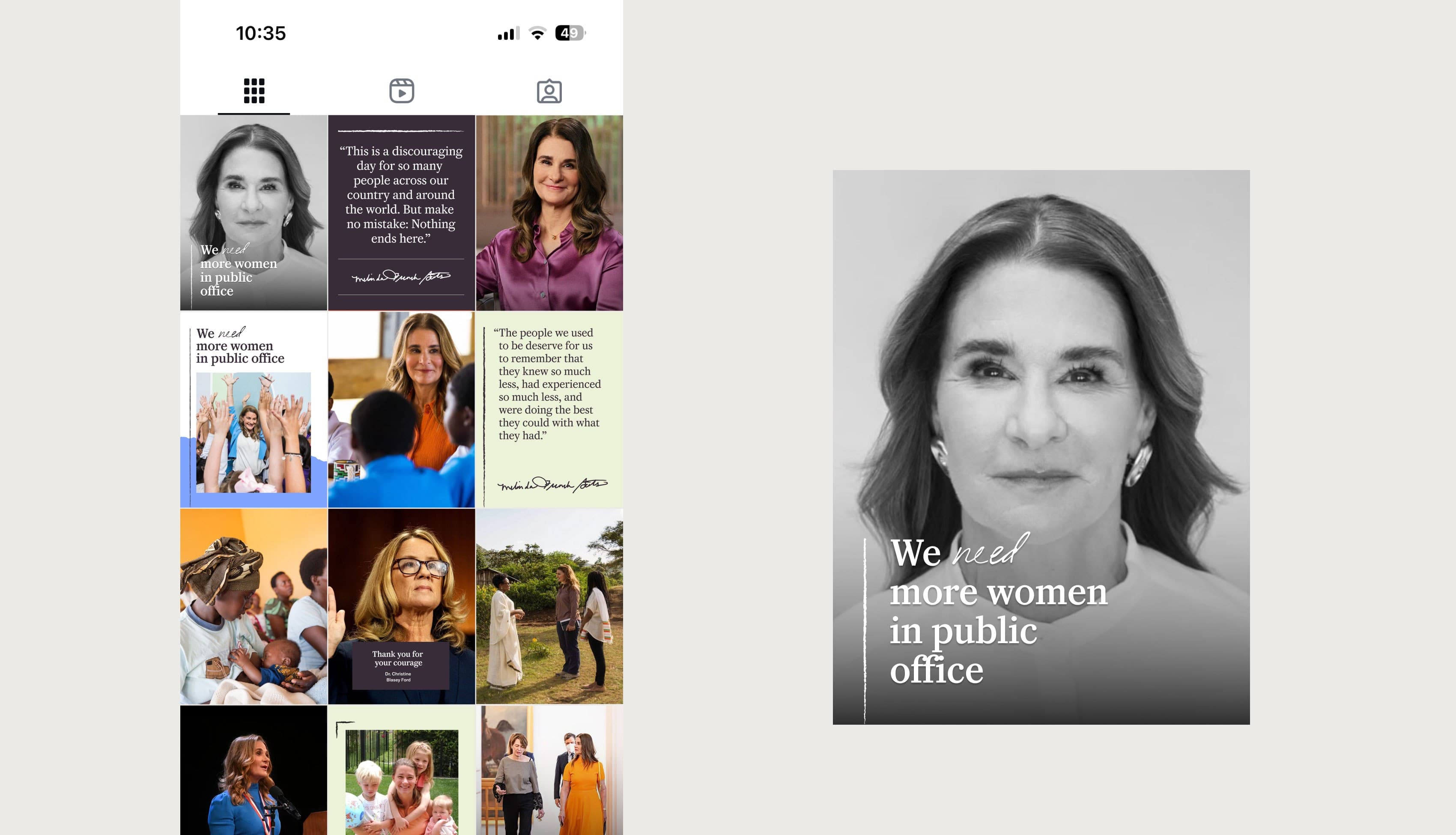 A collage of images featuring women, including quotes and scenes of women in leadership and family roles. The largest image is a grayscale portrait of a woman with text: "We need more women in public office.