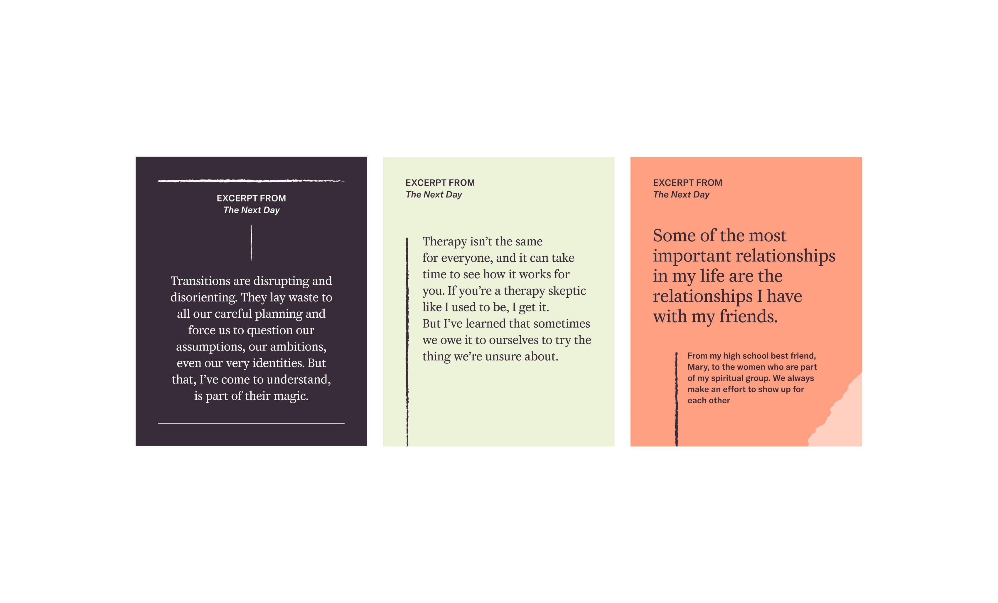 Three text excerpts on colored backgrounds discuss therapy, change, and relationships. The first is on a dark background, the second on pale green, and the third on orange, highlighting the value of friendships.