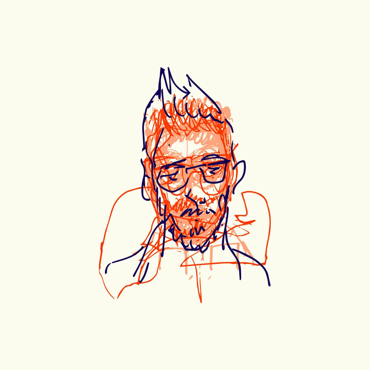 A colorful abstract sketch of a person with glasses. The illustration uses rough, overlapping lines in orange and blue, giving a textured and dynamic impression. The background is plain light beige.