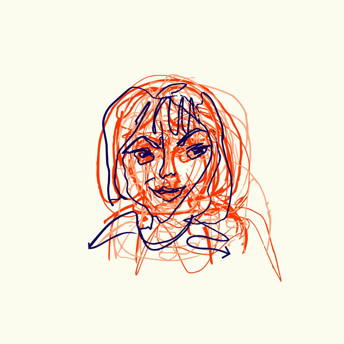 An abstract drawing of a person with a bob hairstyle. The portrait is composed of red and blue scribbled lines with prominent facial features, including eyes, nose, and mouth. The background is plain and light-colored.