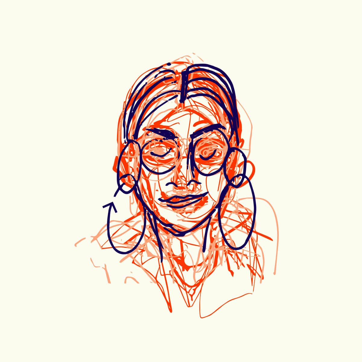 A colorful abstract sketch of a person with long hair, wearing large round glasses and big hoop earrings. The drawing uses red and blue lines, creating a dynamic and expressive representation on a light beige background.