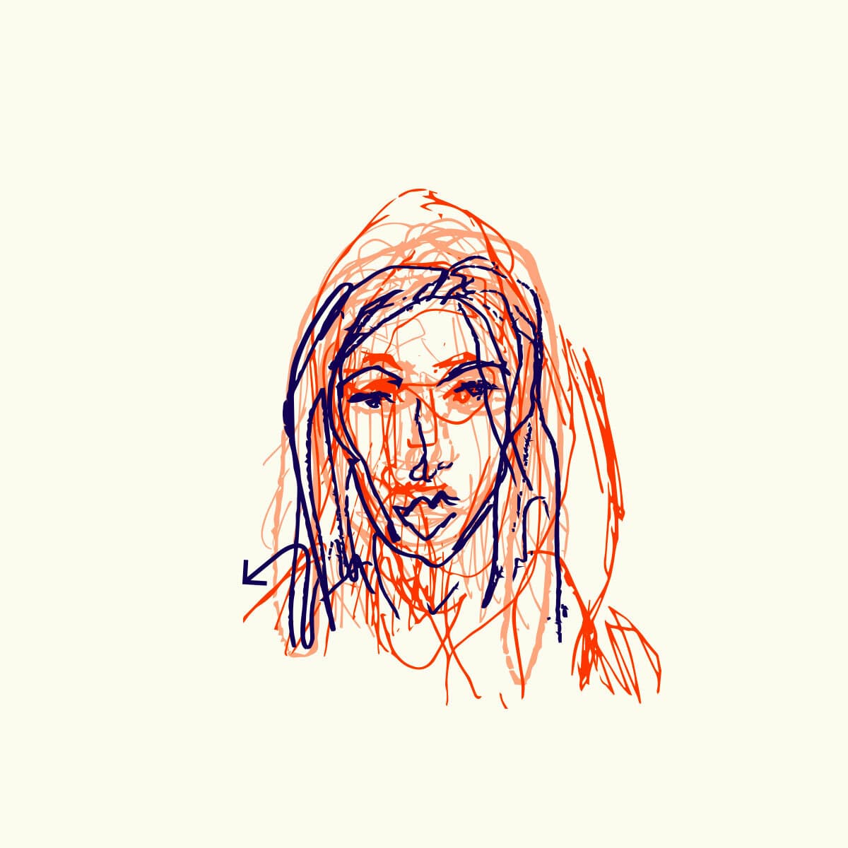 Abstract sketch of a human face using red and blue lines on a light beige background. The outline is rough and expressive, with overlapping strokes creating depth. There is an arrow on the left side pointing towards the face.