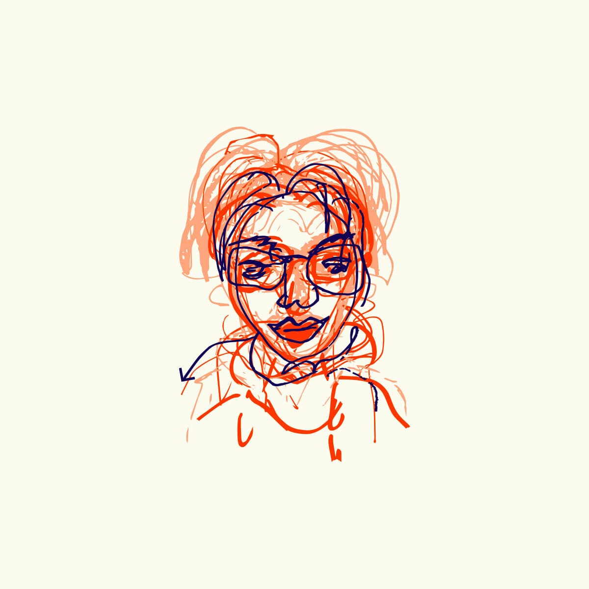 A sketch of a person with a pensive expression, drawn in red and blue lines. The person has their hair tied up in a ponytail, wears glasses, and sports a hoodie. The background is plain and off-white, highlighting the intricate linework of the drawing.