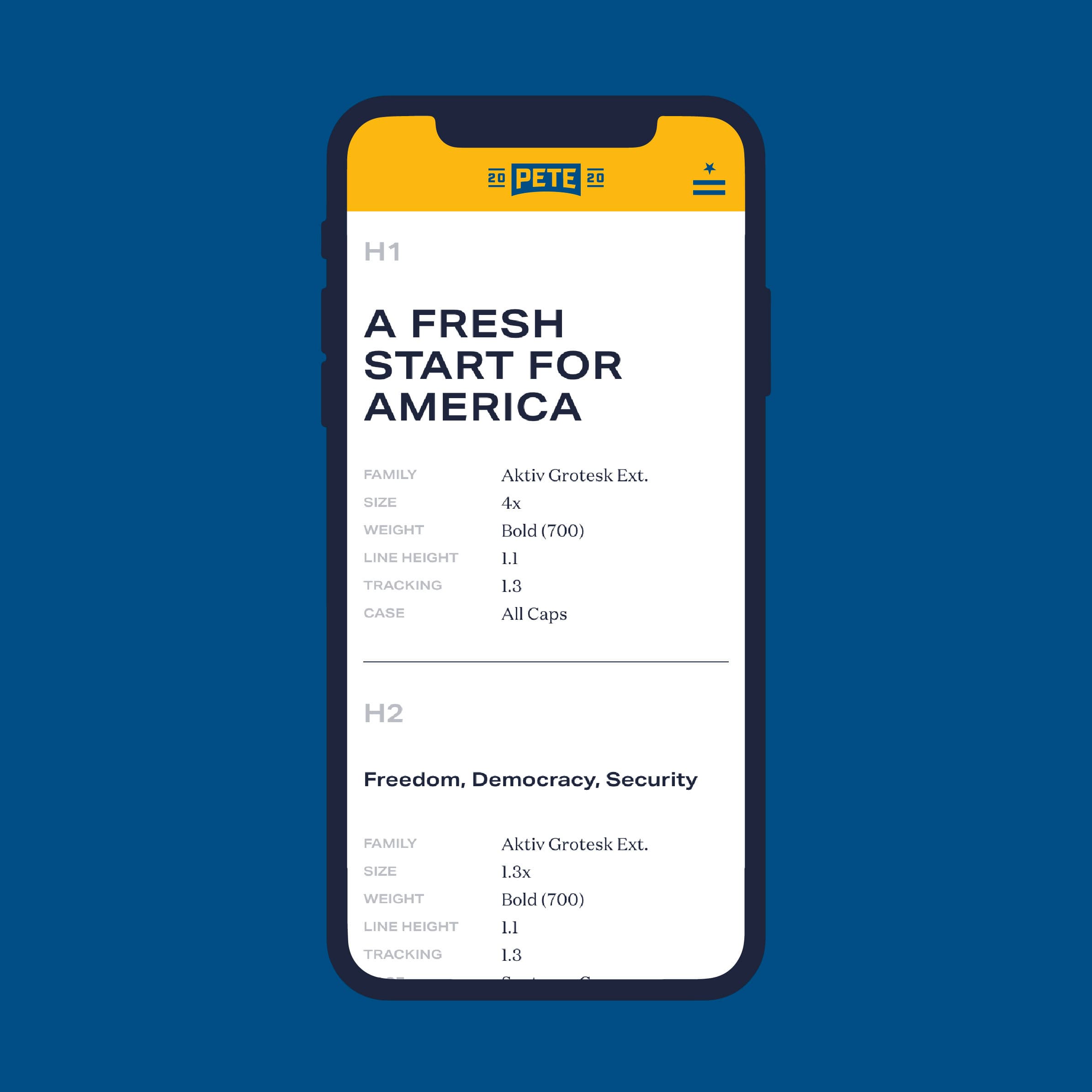 An image of a smartphone screen displaying a webpage layout example. The top section shows a header with text "PETE" and navigation icons. Below is the heading "A FRESH START FOR AMERICA" with font details and another section labeled "Freedom, Democracy, Security".