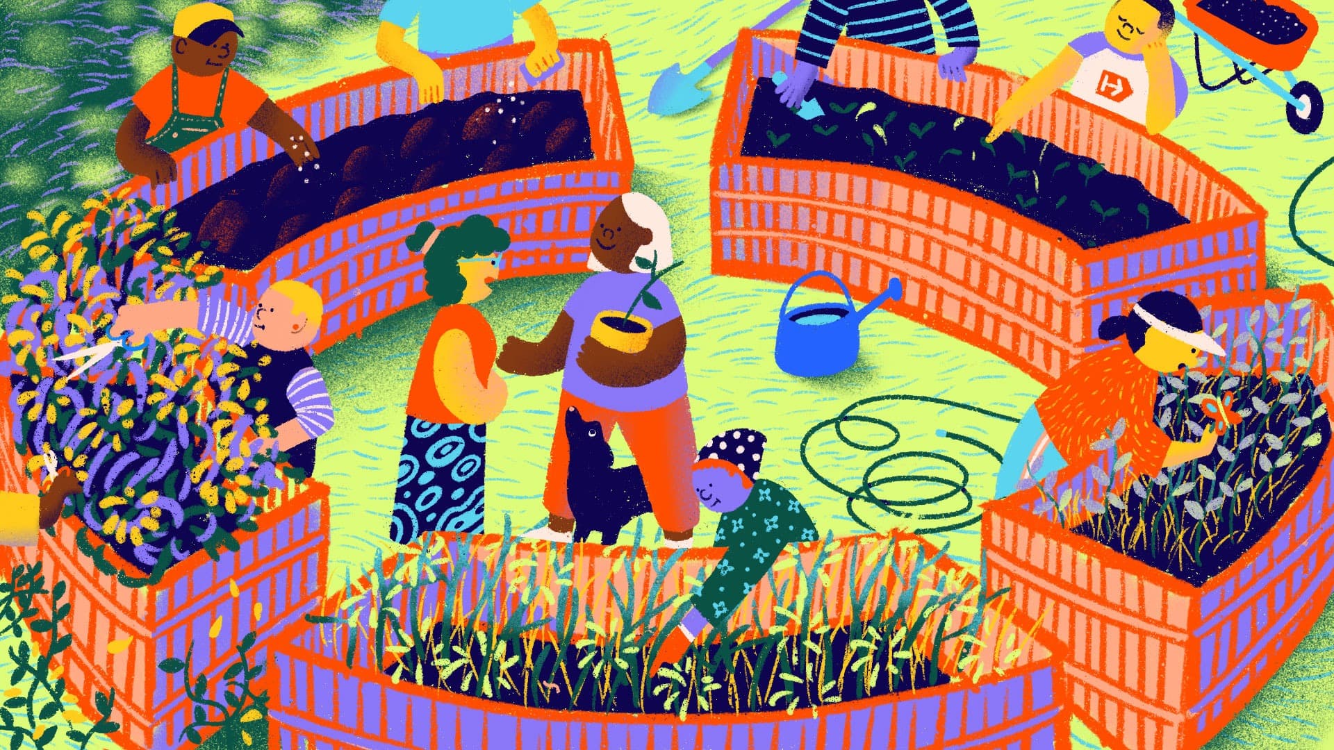 A colorful illustration depicts a diverse group of people gardening in a community garden. They are working in several raised beds filled with various plants. Watering cans and a wheelbarrow are scattered around. The scene is lively and vibrant with greenery.