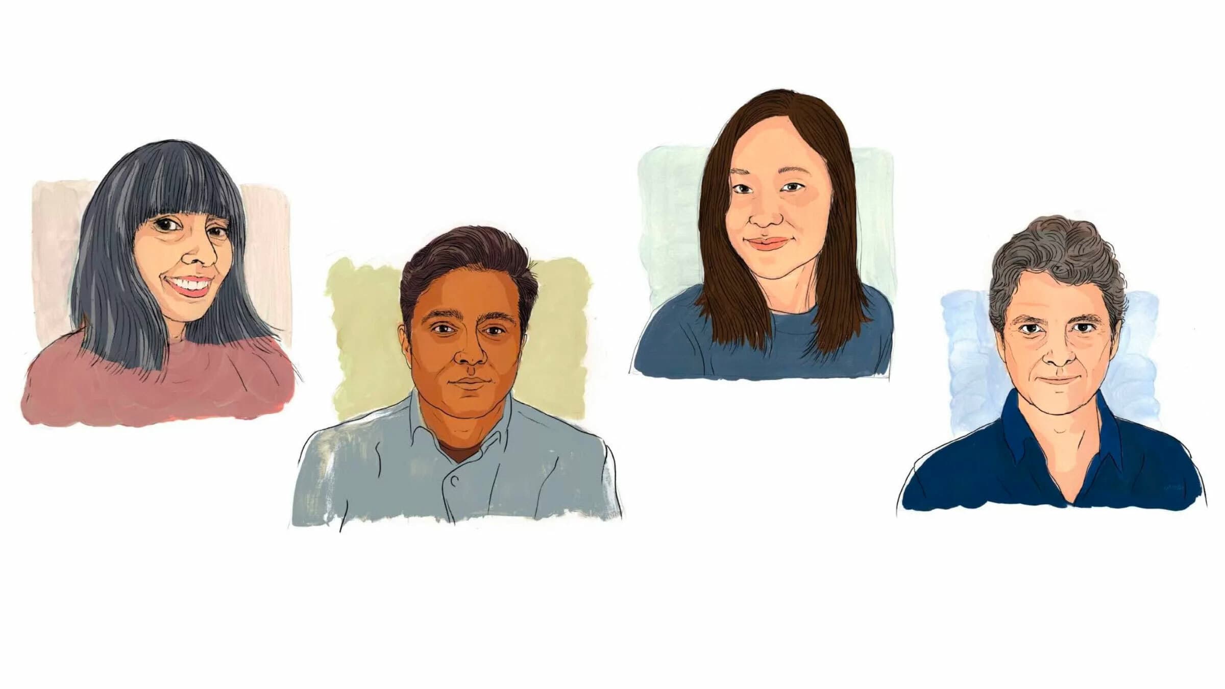 Illustrated portraits of four individuals. The first person has long black hair and wears a pink top. The second person has short dark hair and wears a light-colored shirt. The third person has shoulder-length brown hair and wears a blue shirt. The fourth person has short curly hair and wears a dark shirt.