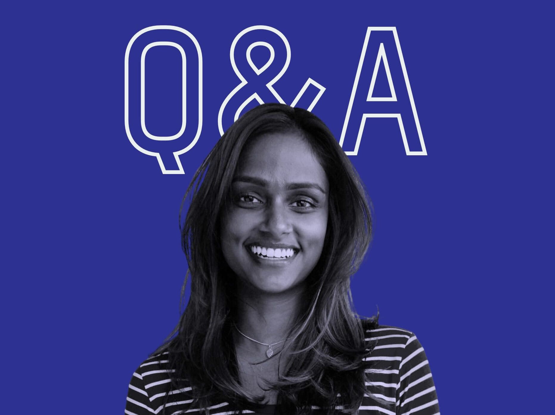 A woman with long, dark hair and a striped shirt smiles against a blue background. The large text behind her reads "Q&A" in bold, white letters.
