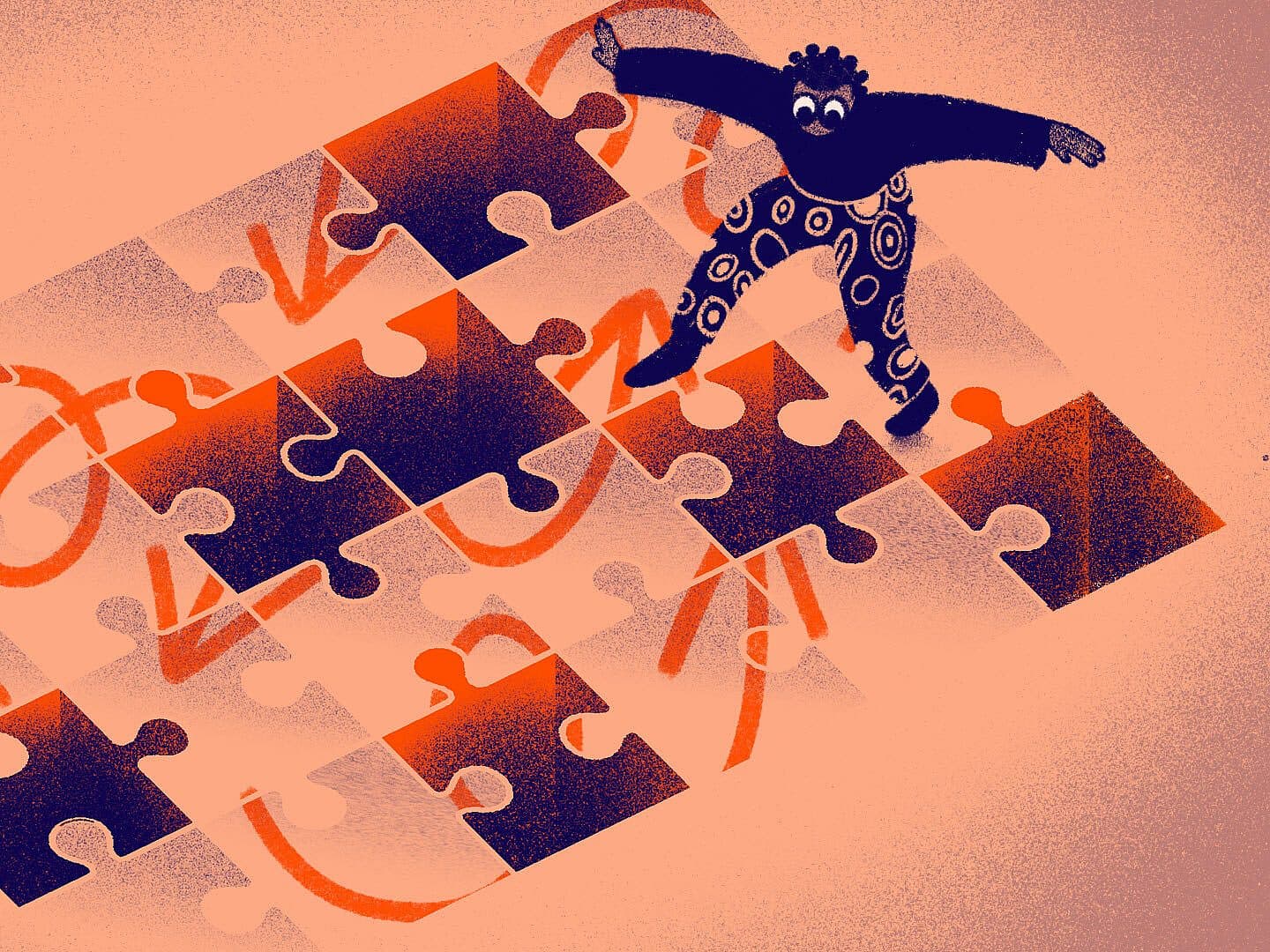 An abstract illustration shows a person standing on a large, incomplete jigsaw puzzle. The puzzle pieces are dark with orange patterns and arrows drawn on them. The person has wavy hair, is wearing a black top, and pants with circular designs.