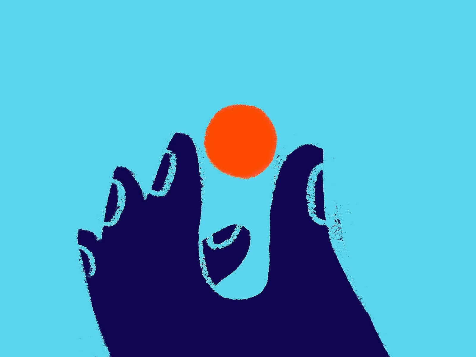 A stylized illustration shows two navy blue hands reaching towards a bright orange circle against a light blue background. The image has a simple, abstract design with a minimalistic color palette.