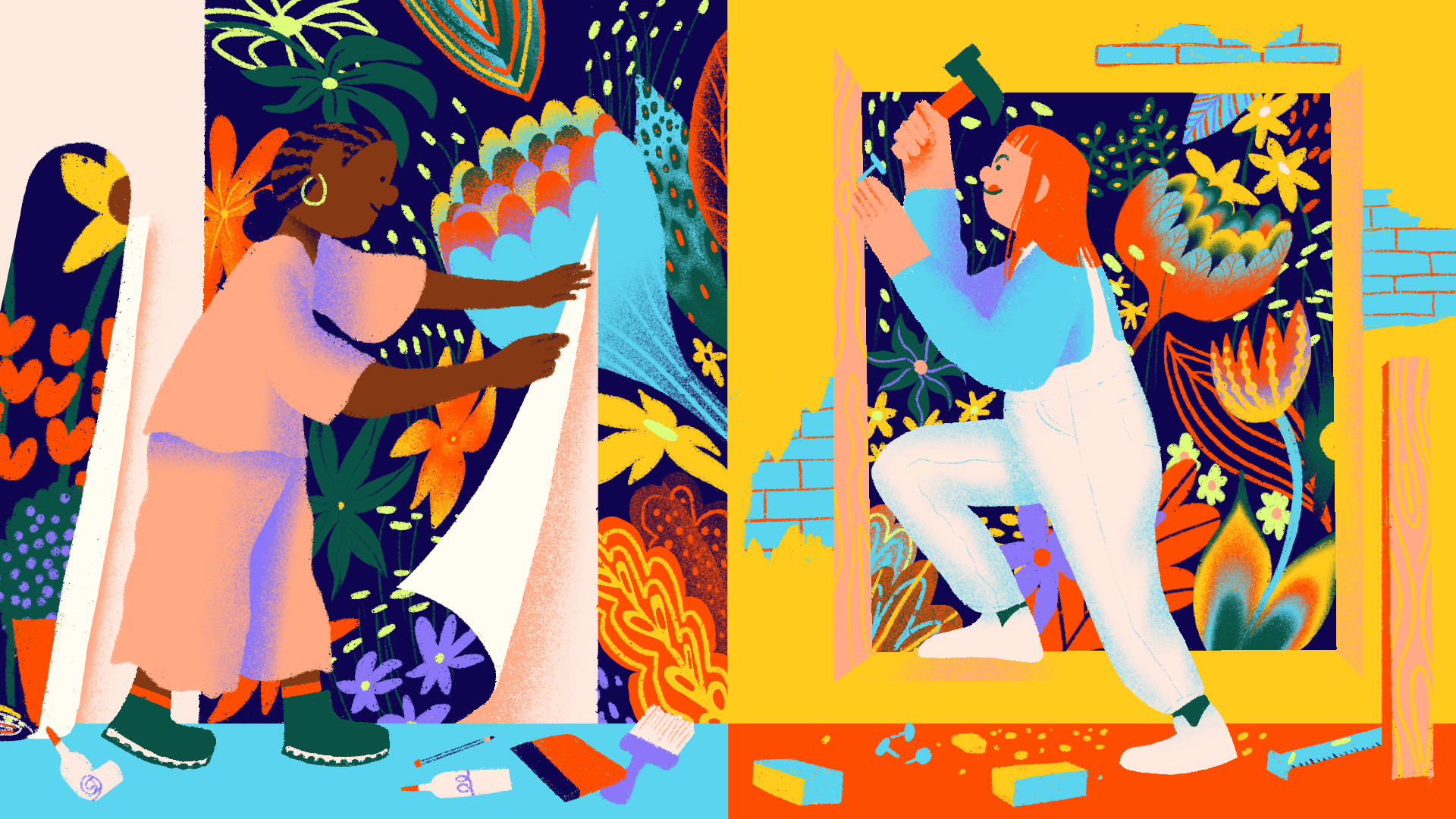 A vibrant illustration shows two people working on separate art projects. One person on the left is painting on a large canvas, while the person on the right is hammering wood pieces together. Both are surrounded by colorful, abstract backgrounds.