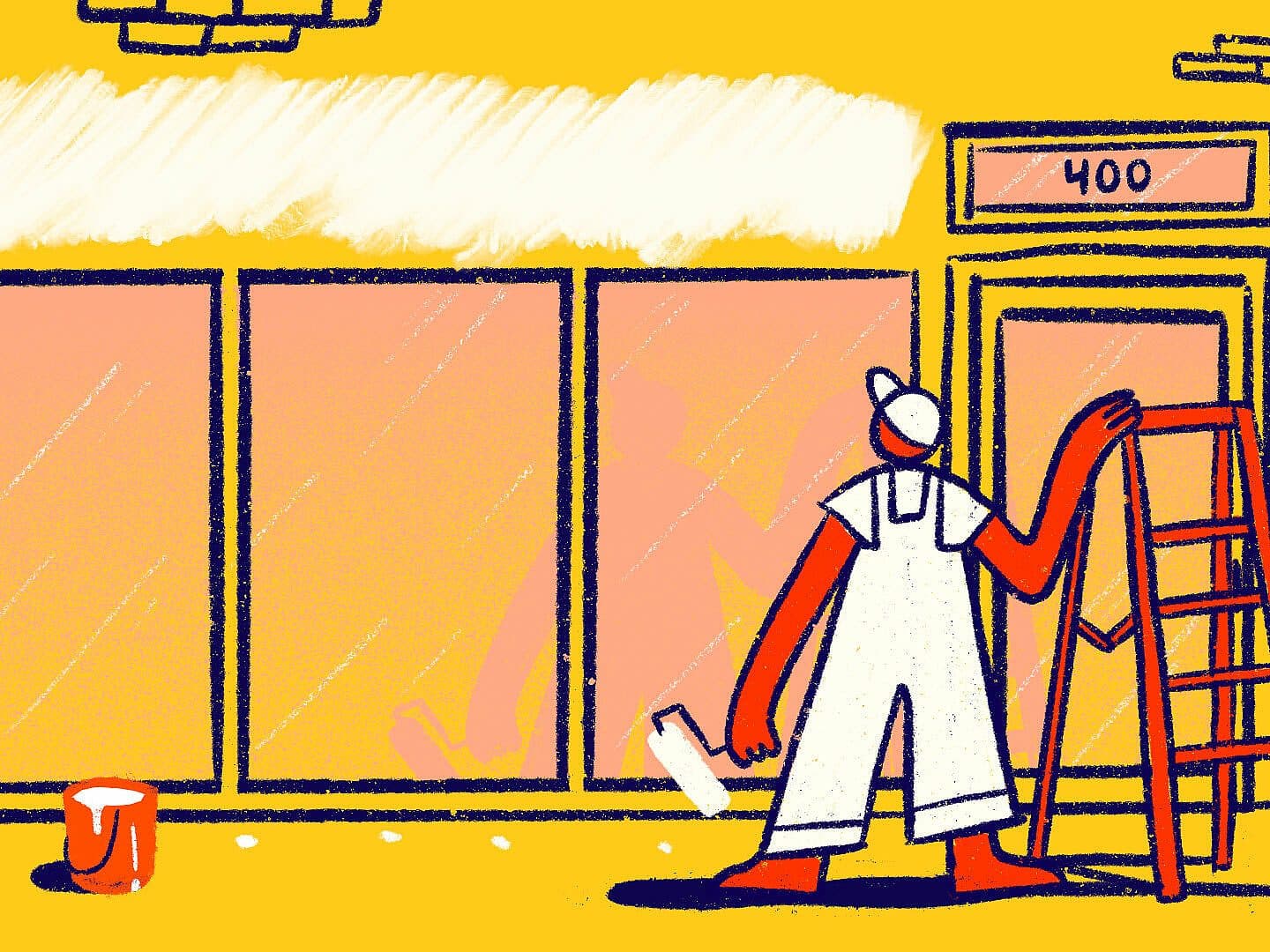 Illustration of a painter in white overalls and a cap, standing next to a building with large windows. The painter, holding a paint roller and leaning against a ladder, appears to be painting the wall above the windows. A paint can is on the ground nearby.