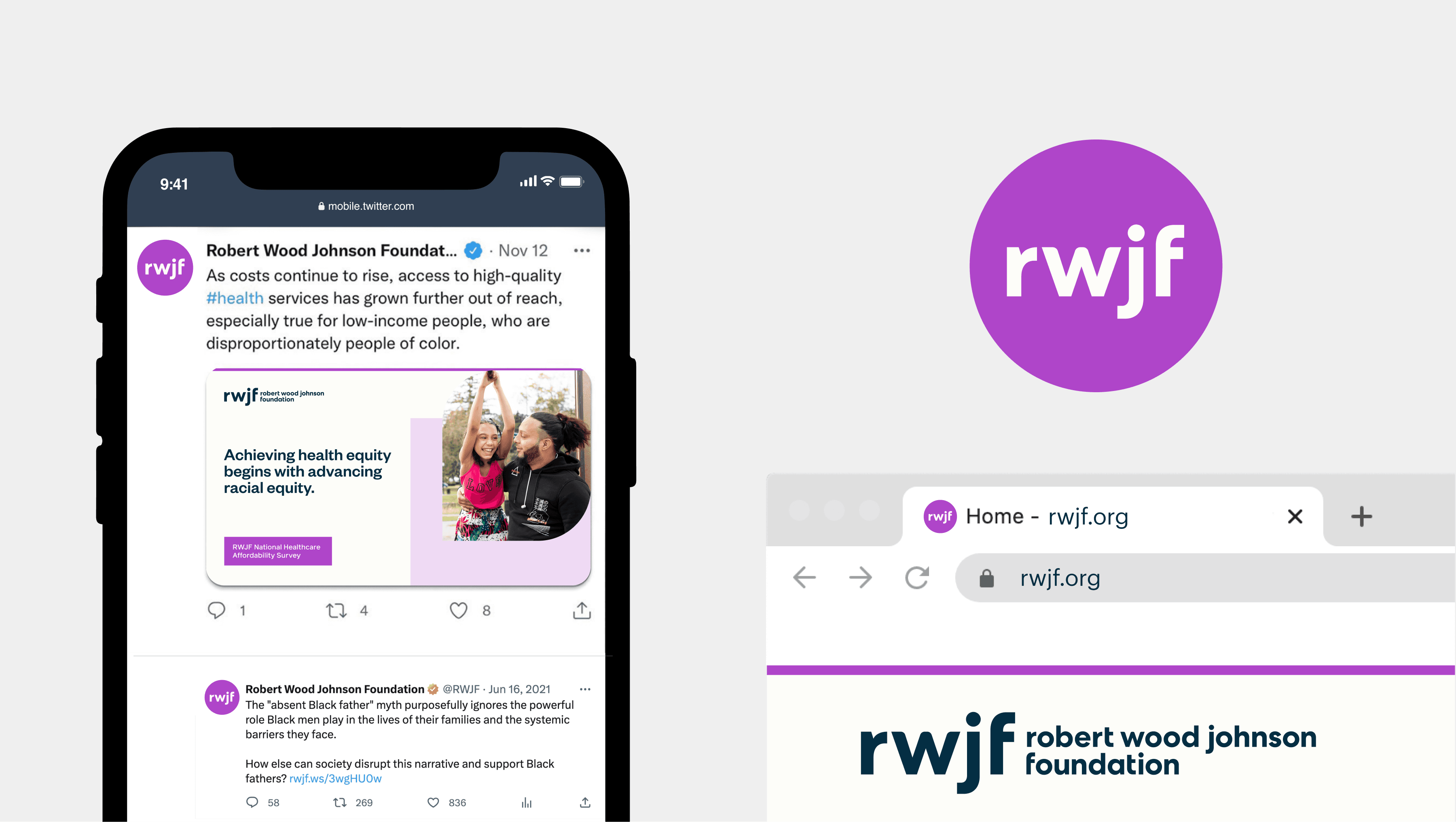 An image showing a smartphone screen displaying a Twitter post by the Robert Wood Johnson Foundation about achieving health equity. Next to the smartphone is the rwjf logo on a white background, and below, there's a browser window showing the rwjf.org website.
