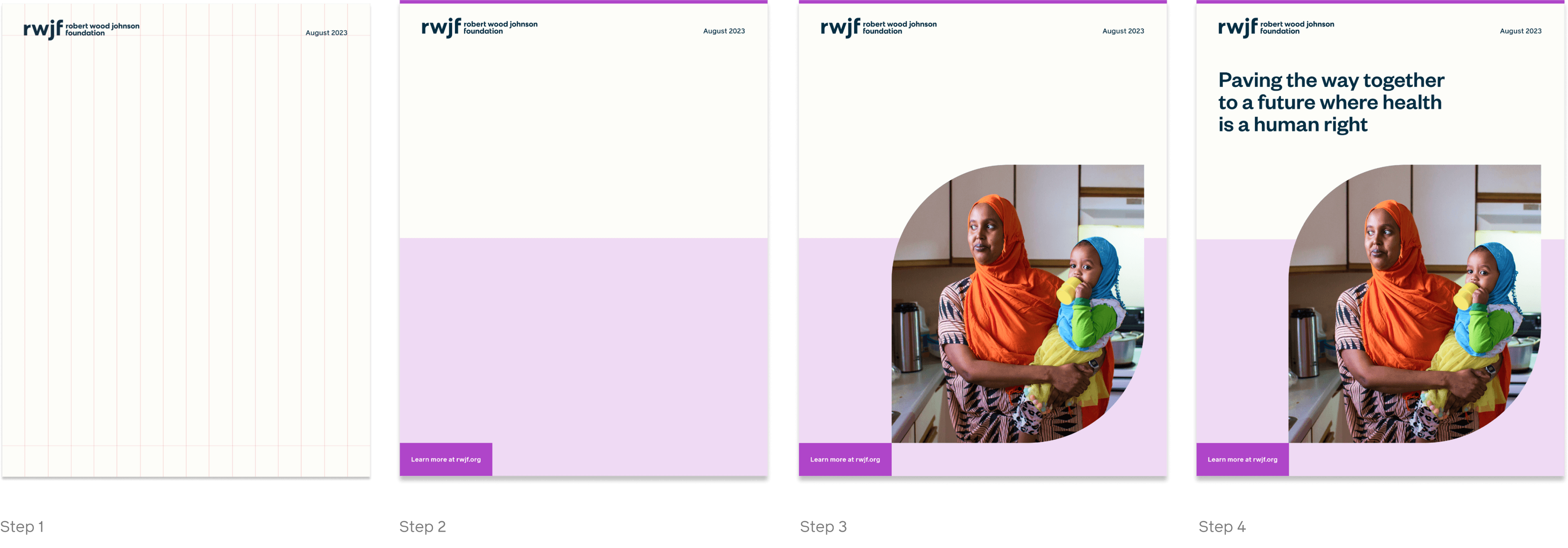 Series of four images showing the design progress of a pamphlet for the Robert Wood Johnson Foundation from a blank template to a completed cover page. The final page features a woman in an orange headscarf holding a child, with the text "Paving the way together to a future where health is a human right.