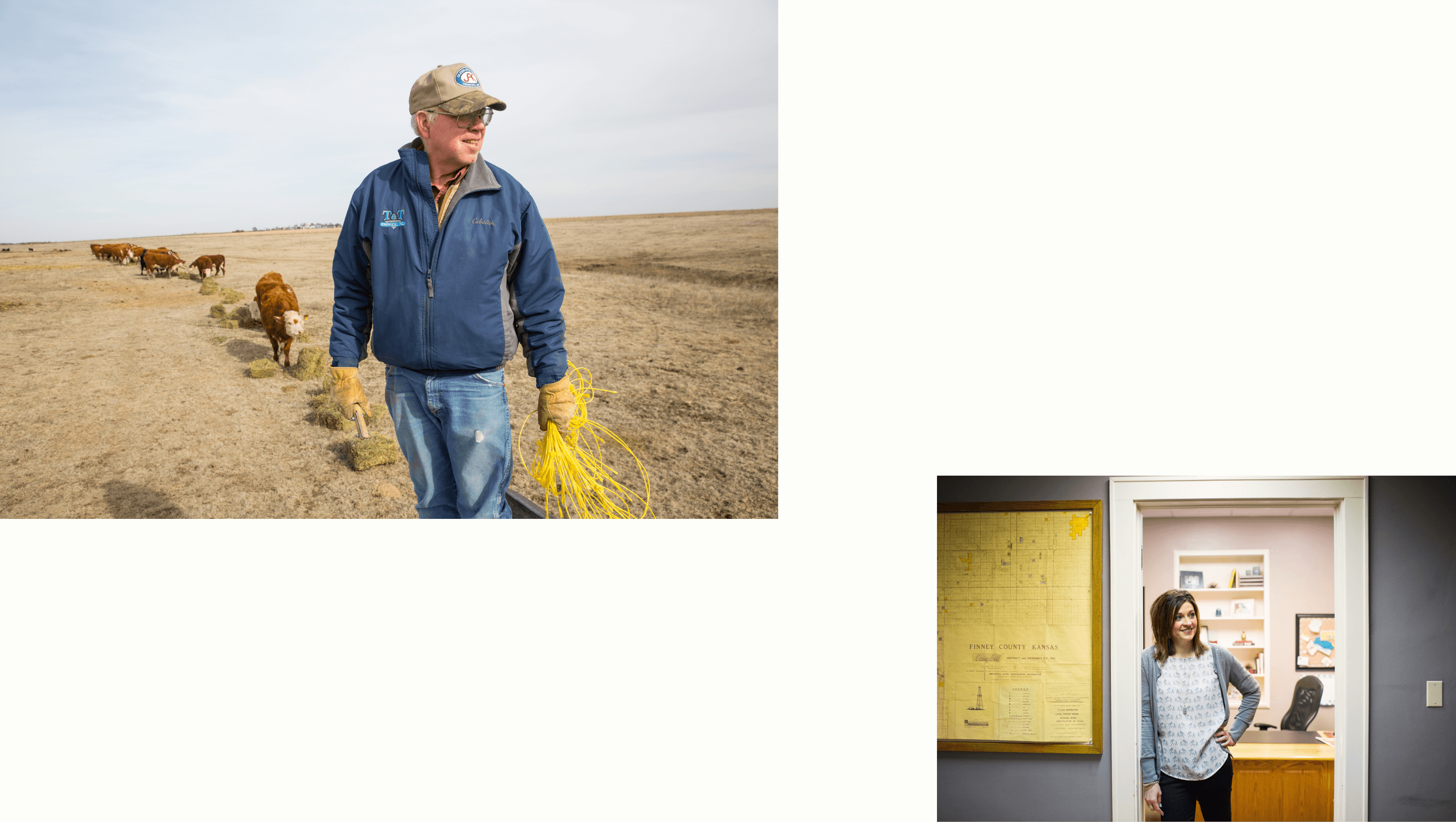 Top-left image: A person wearing a cap, glasses, jacket, and gloves is standing in a dry field with cows in the background, holding yellow rope. Bottom-right image: A person wearing a patterned shirt is standing in a doorway, looking to the side, with a map on the wall behind them.