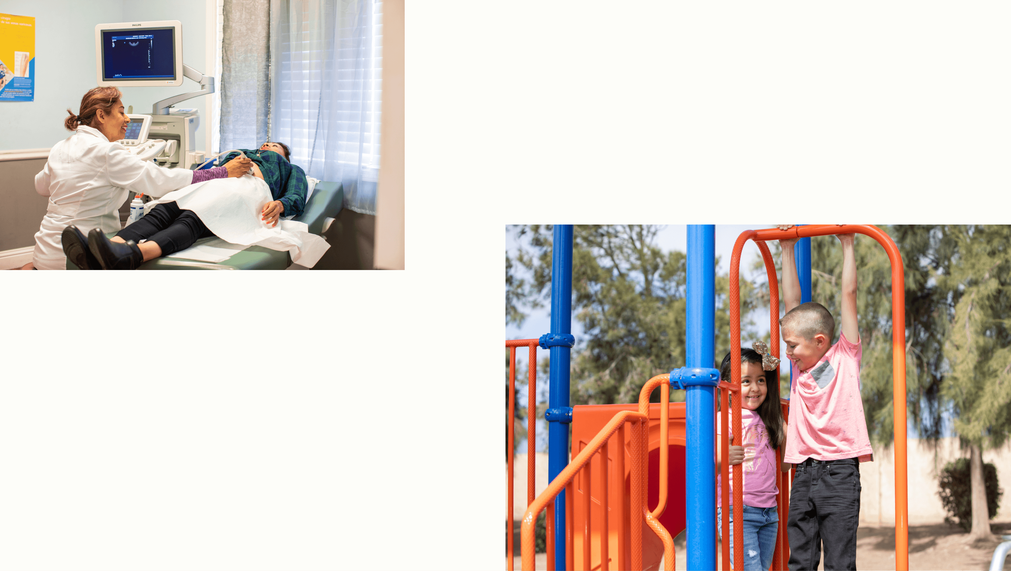 The image is divided into two sections. The top left shows a healthcare worker conducting an ultrasound on a patient. The bottom right shows three children playing on a colorful playground slide outdoors. The background reveals trees and a clear sky.