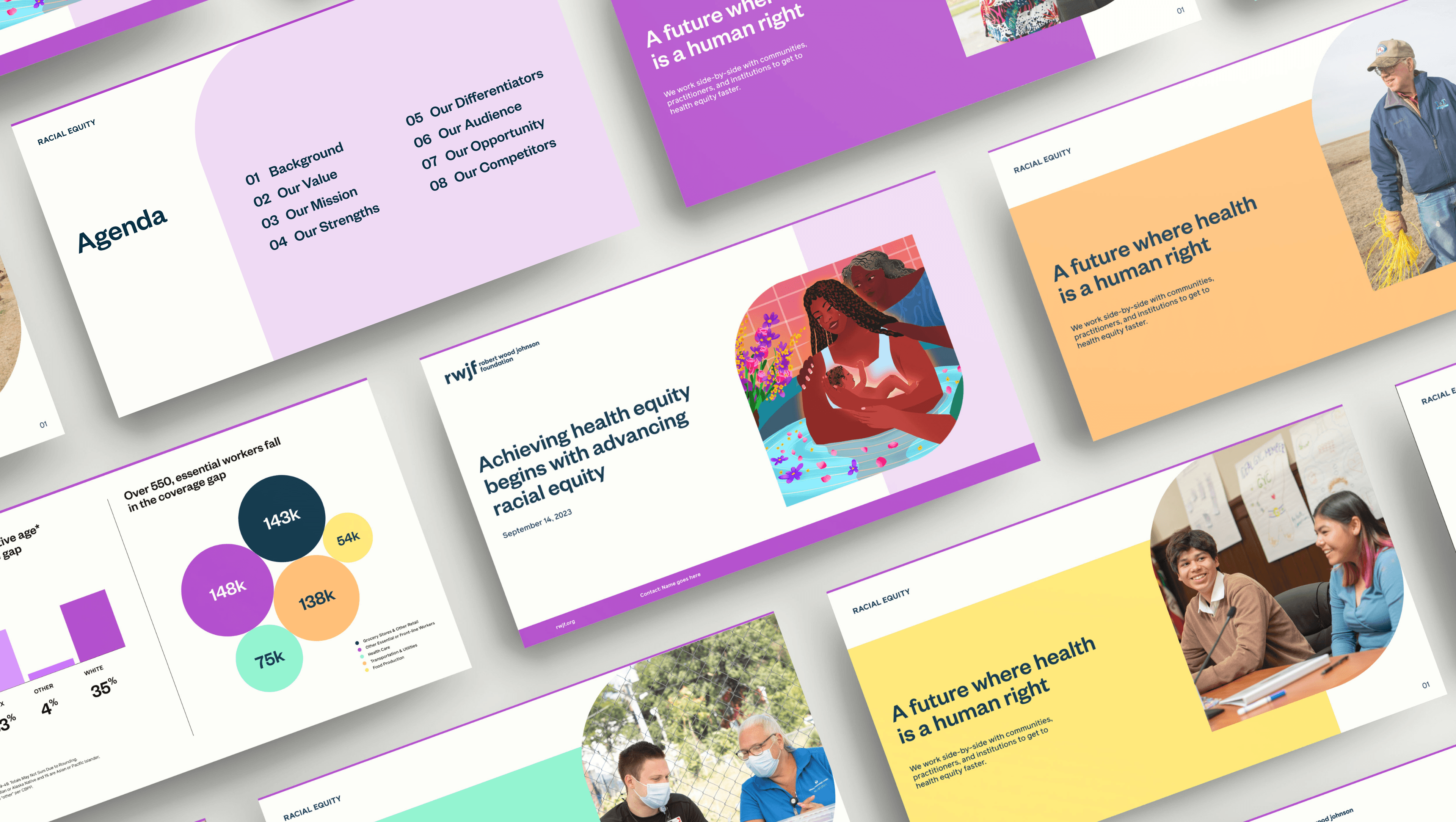 A collection of slides showcasing a presentation focused on health equity. The slides include text about human rights, racial equity, agenda points, testimonials, and graphs. The background uses a purple and white color scheme with images of diverse individuals.