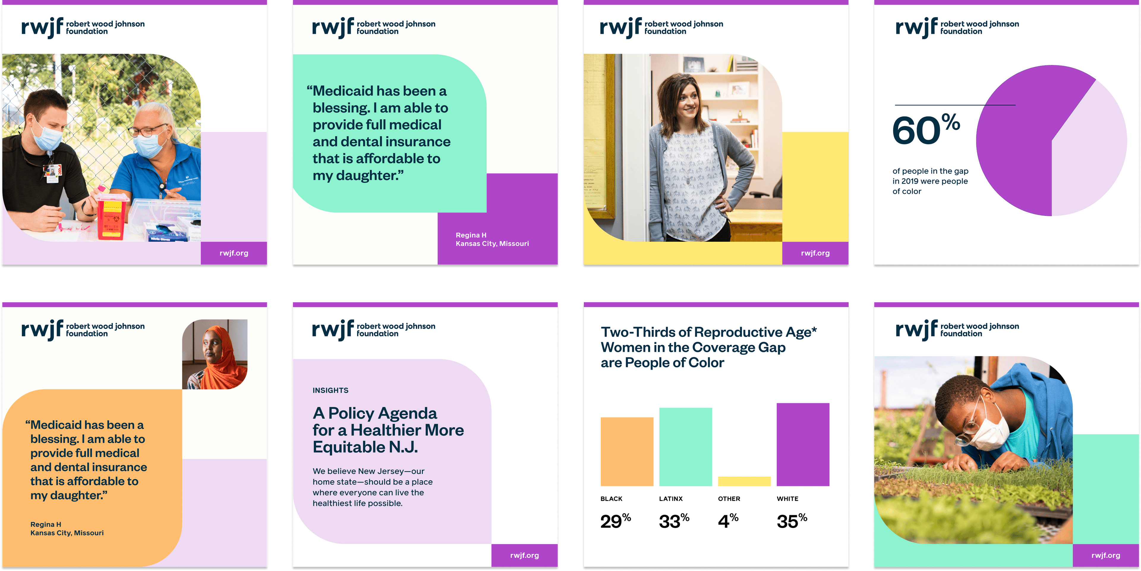 A collage of 8 images from the Robert Wood Johnson Foundation shows various messages about healthcare. Highlights include statements from individuals, statistics about healthcare disparity, and a policy agenda for equitable health. Each image features a mix of photos, text, and graphics.