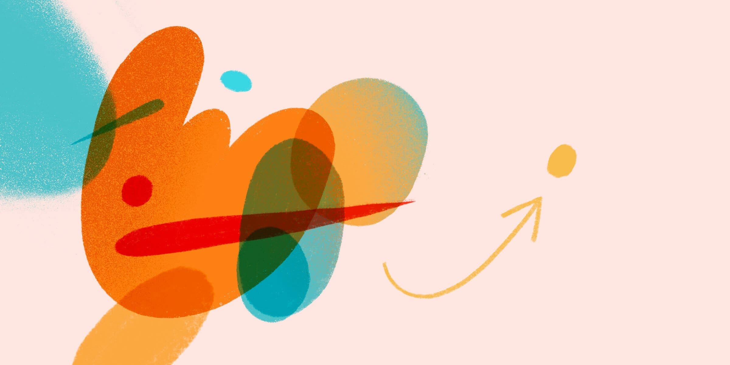 Abstract artwork featuring overlapping colorful shapes, including orange, blue, and yellow blobs. A yellow arrow curves from the right side toward the center, suggesting movement. The background is a pale, warm neutral color.