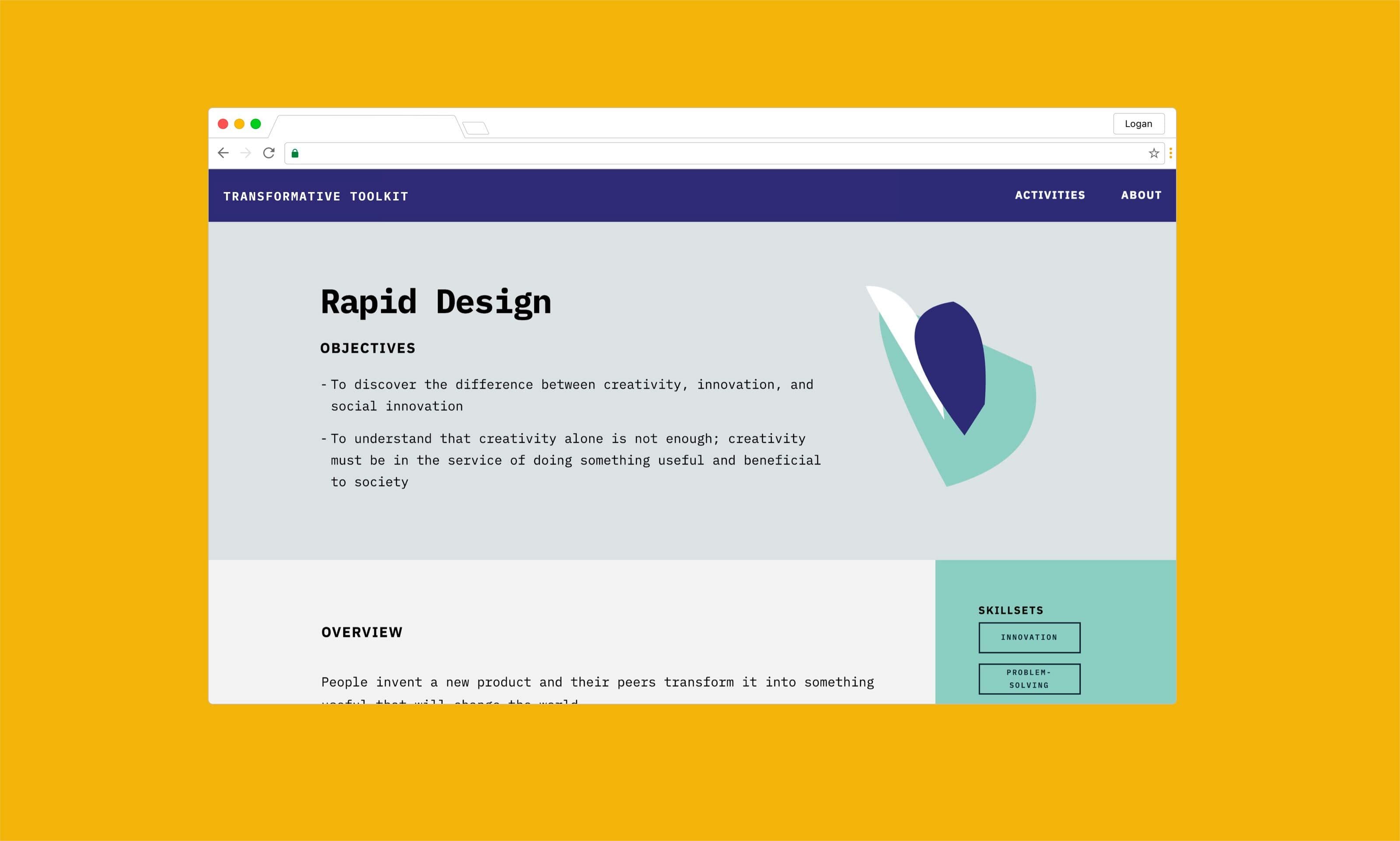 Screenshot of a website titled "Transformative Toolkit" with a navigation bar including "ACTIVITIES" and "ABOUT." The main section titled "Rapid Design" details the objectives and overview. A skills section lists "Innovation," "Creativity," and "Problem Solving.