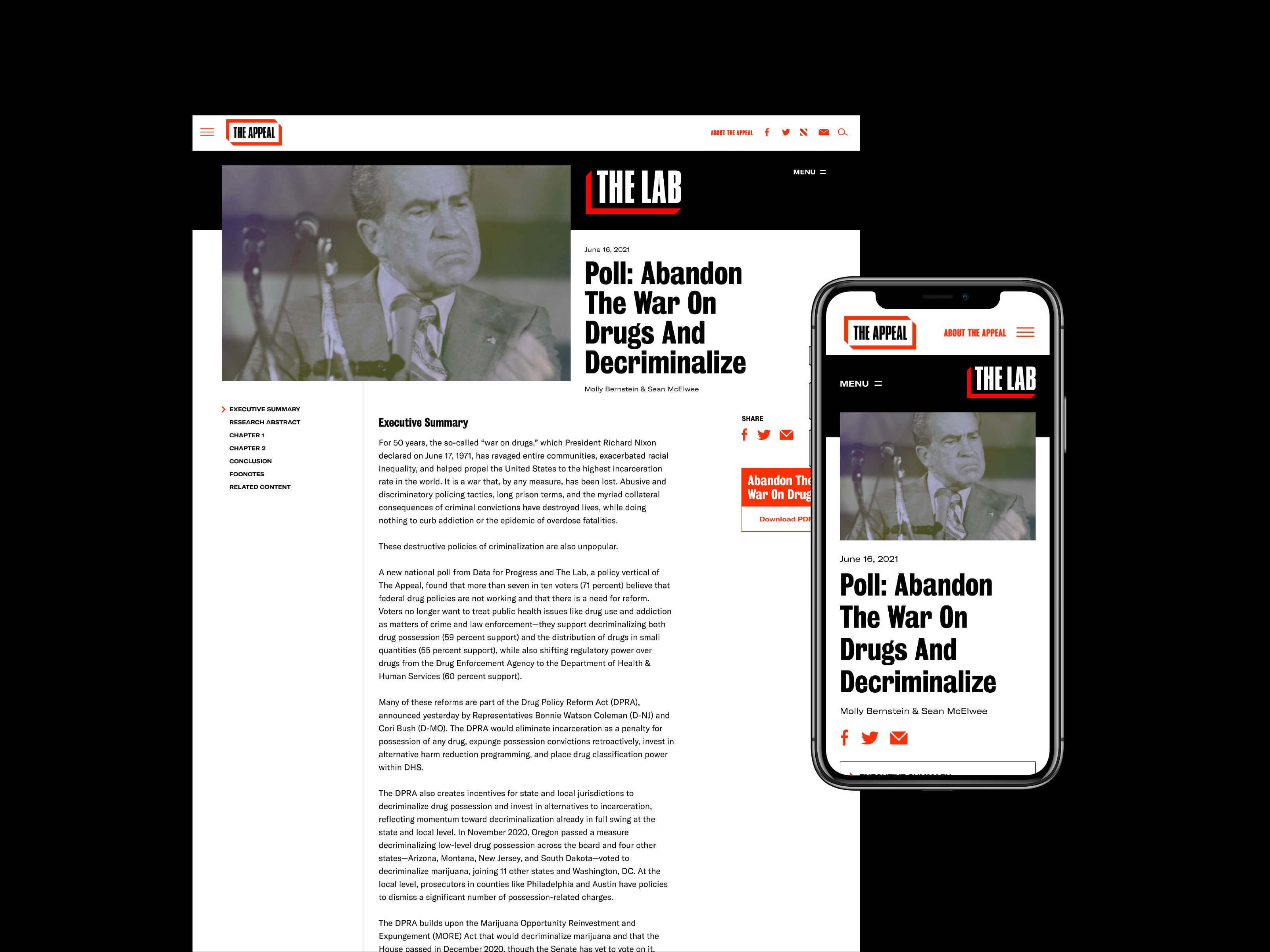 A website article titled "Poll: Abandon The War On Drugs And Decriminalize" is displayed on a desktop screen and a smartphone. The article features an image of a serious-looking man in a suit and tie. The layout on both devices is clean and modern.