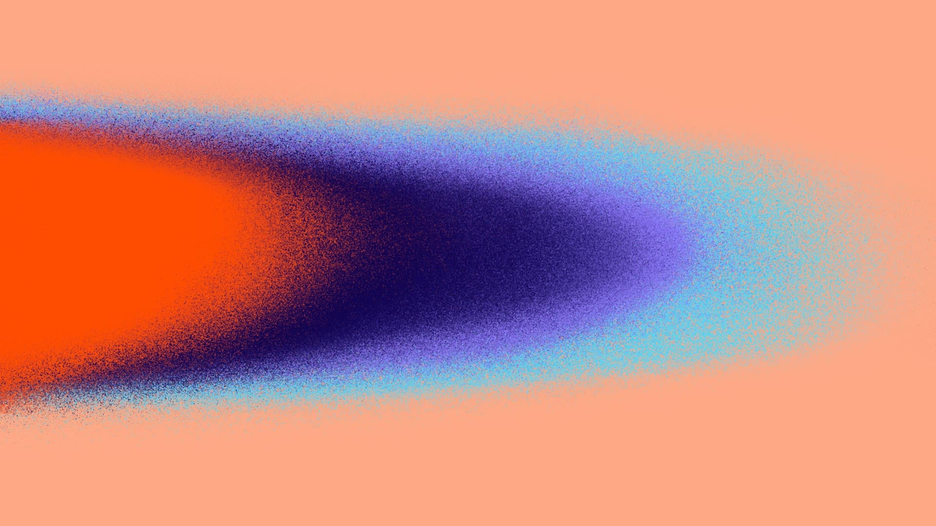 Abstract image with a gradient of colors blending from bright orange on the left to deep purple and light blue on the right, set against a peach background. The colors form a smooth, oblong shape with dotted texture.
