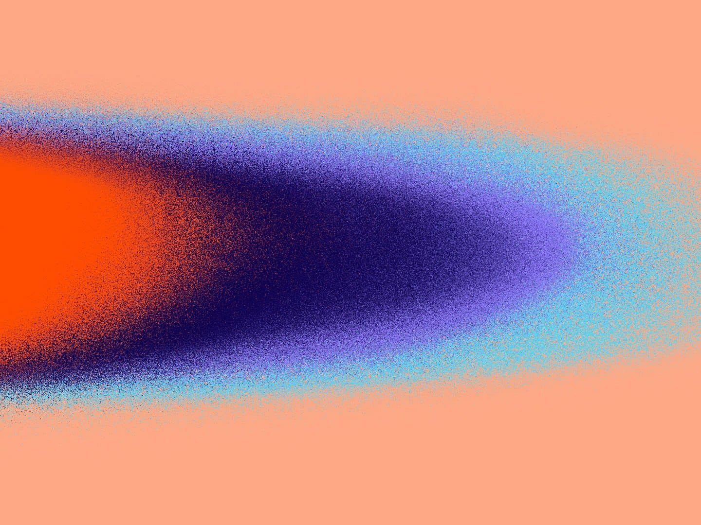Abstract image with a gradient of colors blending from bright orange on the left to deep purple and light blue on the right, set against a peach background. The colors form a smooth, oblong shape with dotted texture.