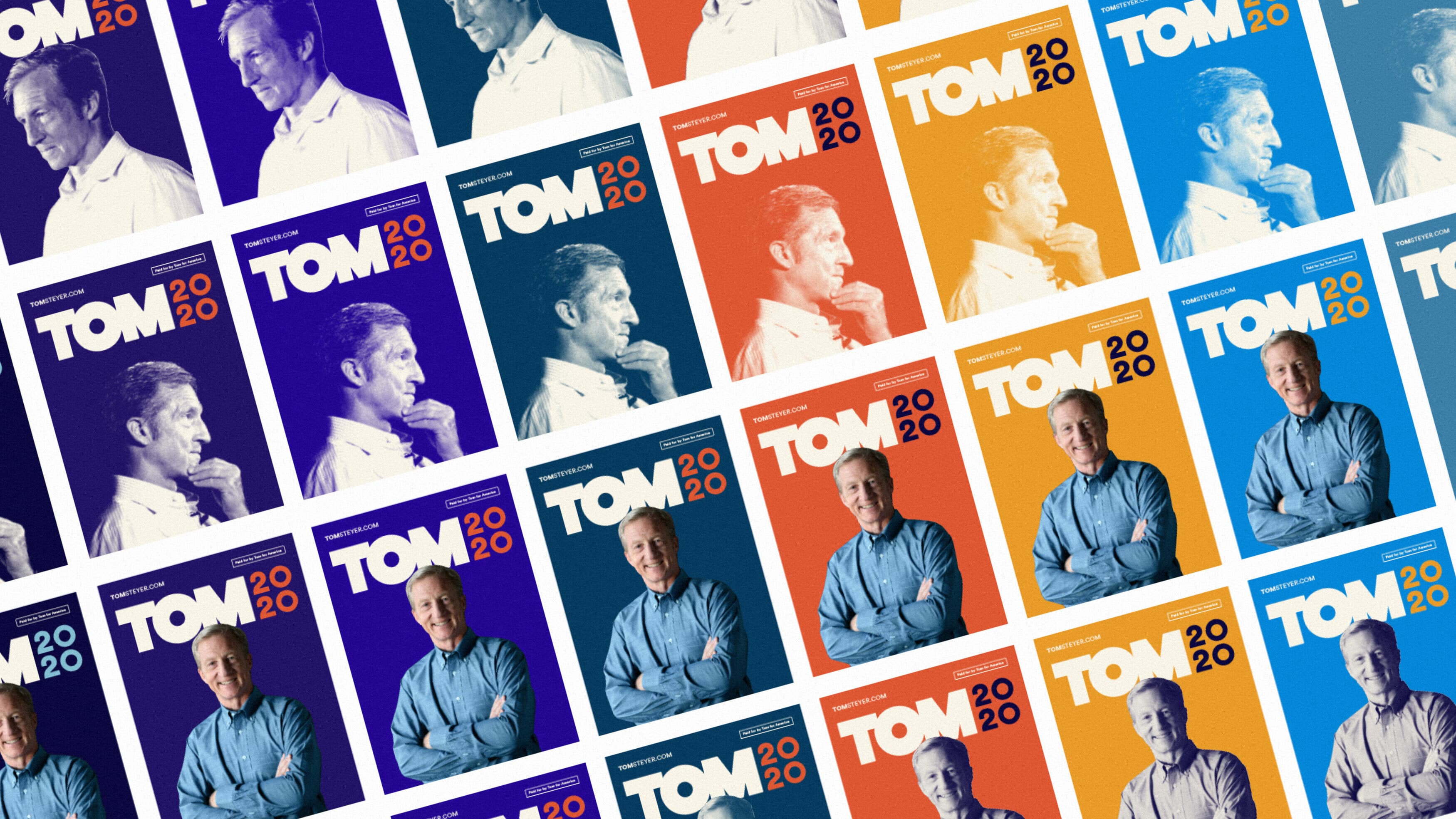 A grid of repeated images, alternating between a person in a thoughtful pose and the same person smiling with arms crossed. The images are stylized in different colors (blue, purple, orange, yellow) with the text "TOM 2020" prominently displayed.