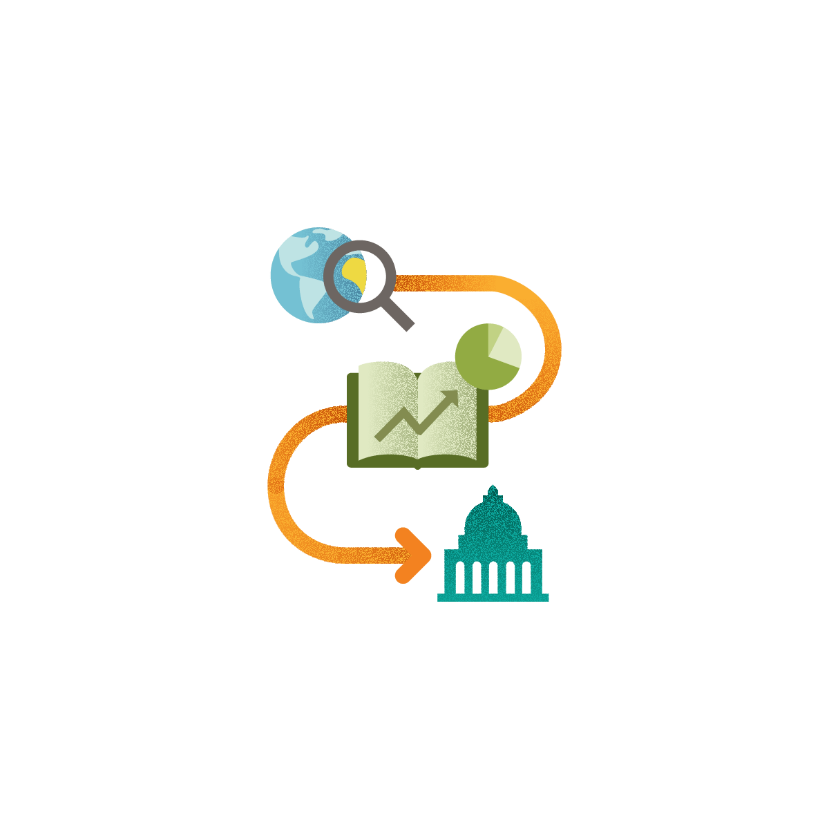 An illustration depicts a sequence of icons connected by an orange winding path. It starts with a globe and magnifying glass, followed by an open book with a growth chart, a pie chart, and ends with a government building.