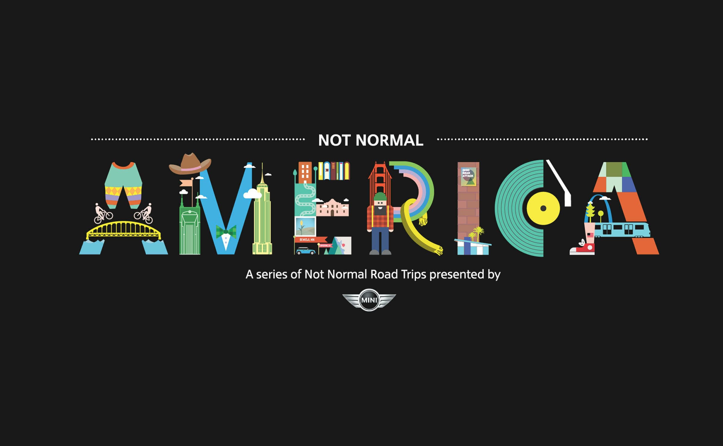 Text reads "Not Normal America." Each letter is styled with colorful illustrations, such as a bridge for "A", cacti and cowboy boots for "M", and vinyl in a jukebox for "R." Below, it says "A series of Not Normal Road Trips presented by MINI" with the MINI logo.