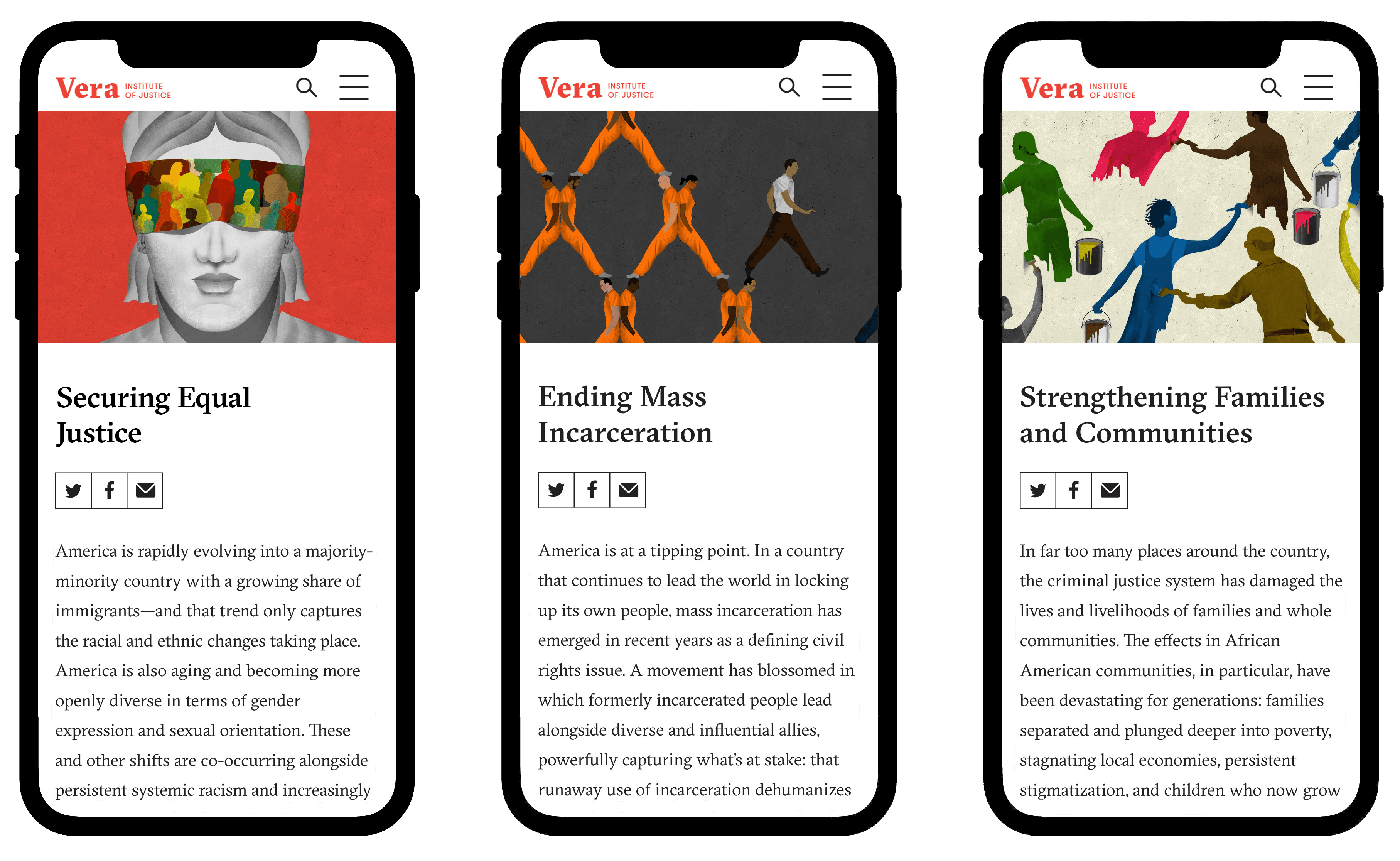 Three mobile devices display pages from the Vera Institute's website. Each page has a header image and text sections. The pages are titled "Securing Equal Justice," "Ending Mass Incarceration," and "Strengthening Families and Communities." .
