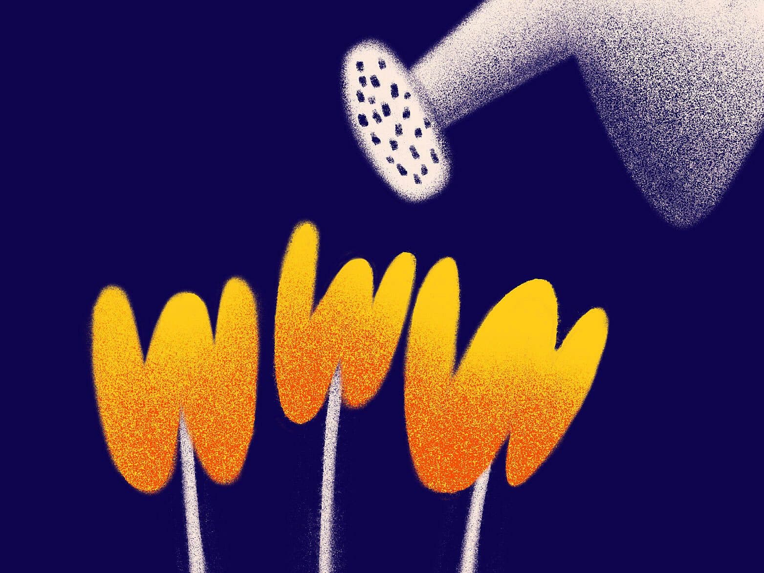 Illustration of a watering can showering three stylized orange flowers against a dark blue background. The flowers and the spout of the watering can are highlighted with soft gradients, creating a glowing effect.