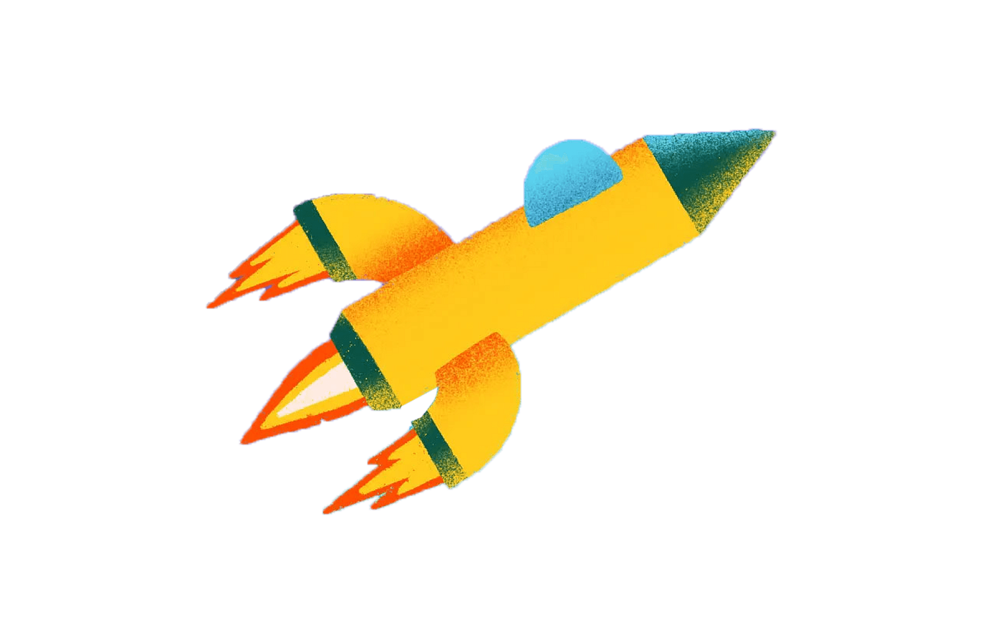 Illustration of a yellow rocket with blue windows and green accents, emitting orange flames as it flies upward against a plain white background.