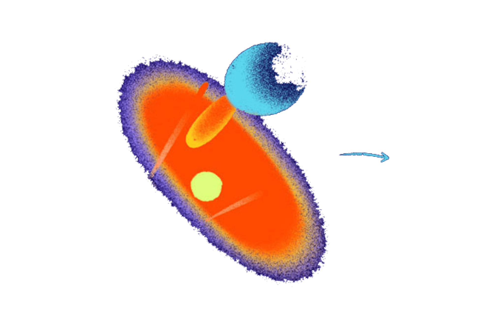 Abstract illustration of a solar system with a glowing orange-red elliptical orbit, a yellow sun at the center, and a blue planet casting a shadow. A blue directional arrow points to the right, indicating movement or rotation.