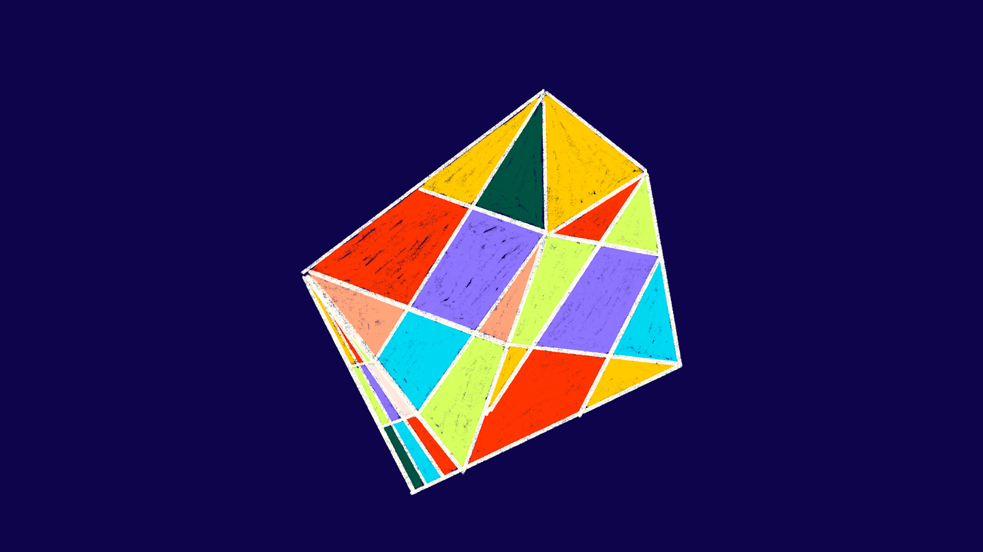 A colorful abstract geometric shape on a dark blue background. The shape consists of various polygons in bright colors including red, yellow, green, blue, purple, and orange, with each polygon having a slightly rough, textured appearance.