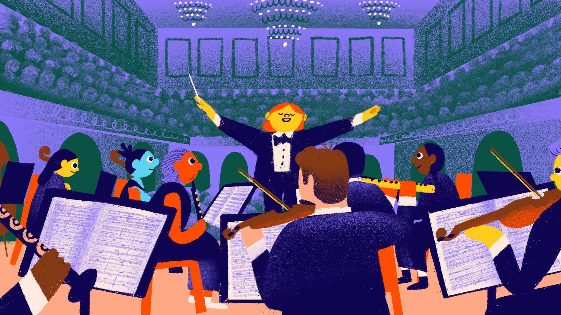 A vibrant illustration of an orchestra performance. The conductor, wearing a tuxedo, enthusiastically leads musicians playing various instruments, including violins and violas. The scene is set in an ornate theater with a balcony full of spectators.