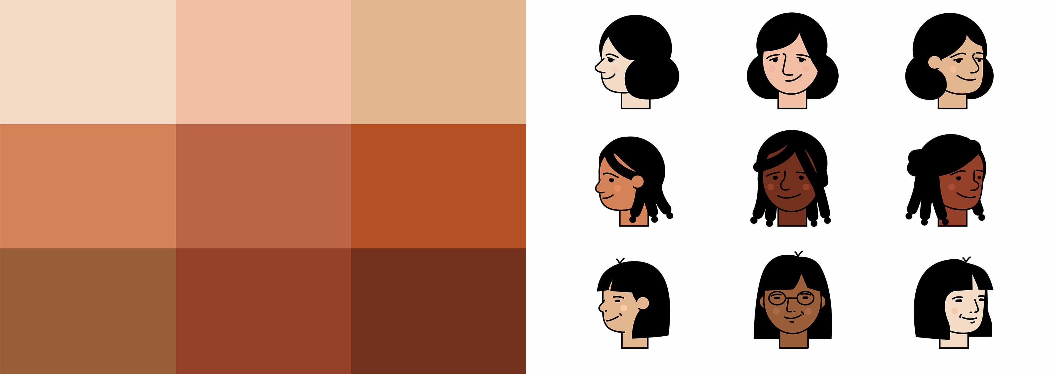 The image depicts a grid of various skin tone shades on the left, ranging from light to dark. On the right, there are nine cartoon-style portraits of people with different hairstyles and skin tones, each showing a unique profile or expression.