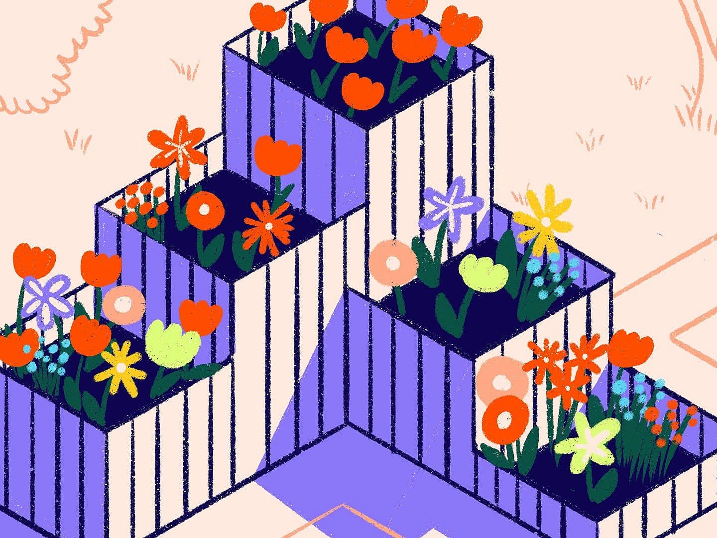 Illustration of a tiered, L-shaped flower planter filled with colorful flowers, including red, orange, yellow, pink, and purple blooms, set on a tiled patio with trees and grass in the background.