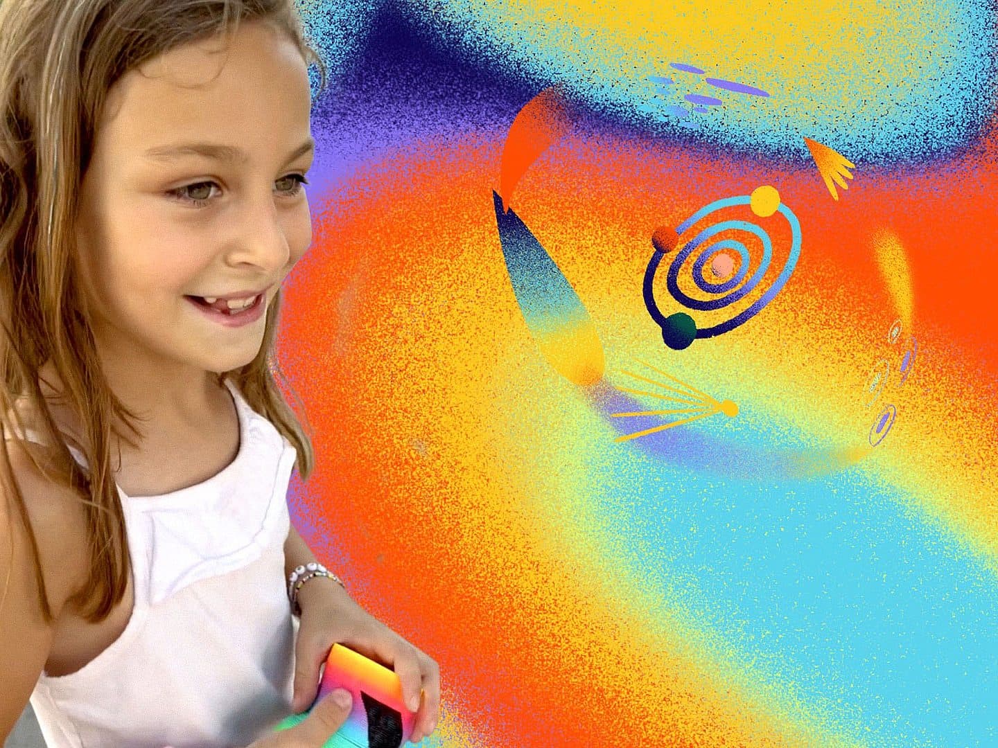 A young girl with light brown hair and a white sleeveless top holds a glowing cube. She smiles while looking at a colorful, vibrant, abstract background featuring an artistic representation of an atom and other geometric shapes.