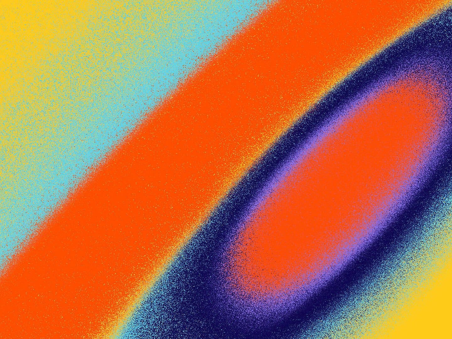 A colorful abstract digital artwork featuring an orange arc crossing a gradient background of yellow to light blue. Within the arc is a gradient oval with red at the center, transitioning to purple and blue edges. The image has a grainy texture throughout.