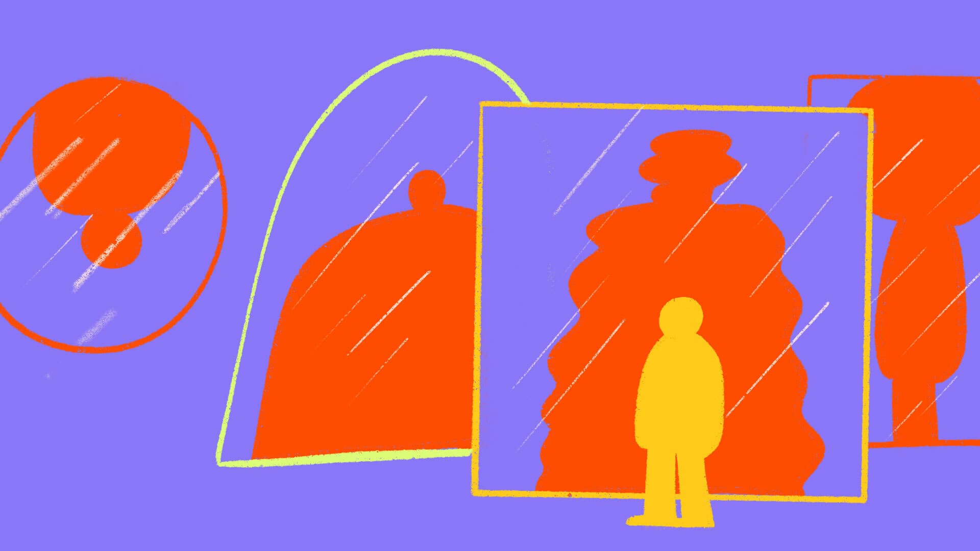 A stylized illustration showing a person viewing their distorted reflections in different funhouse mirrors. The orange and yellow human figure stands in front of mirrors that warp their shape, set against a purple background.