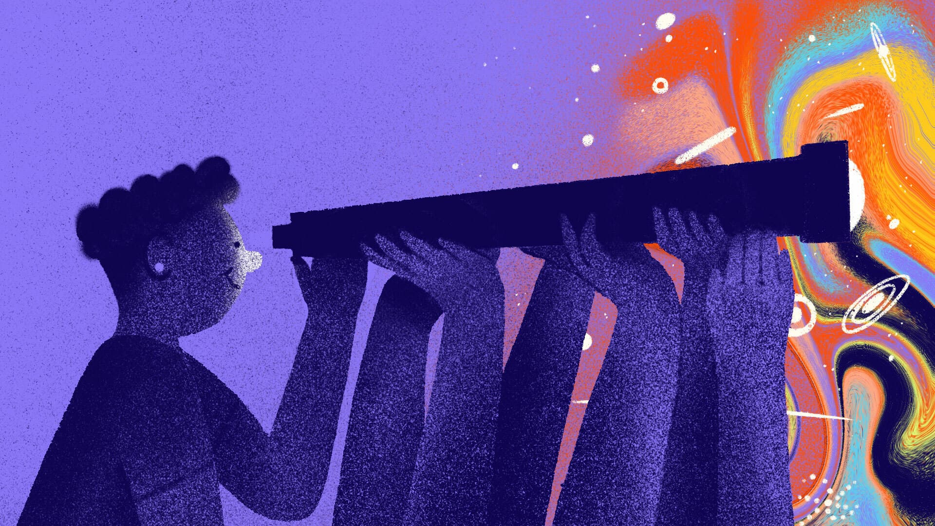 Illustration of a person using a telescope, aided by multiple hands holding it, gazing into a vibrant, multicolored abstract scene. The background is primarily purple with swirling patterns of orange, yellow, green, and blue on the right side, resembling a cosmic or nebula-like view.