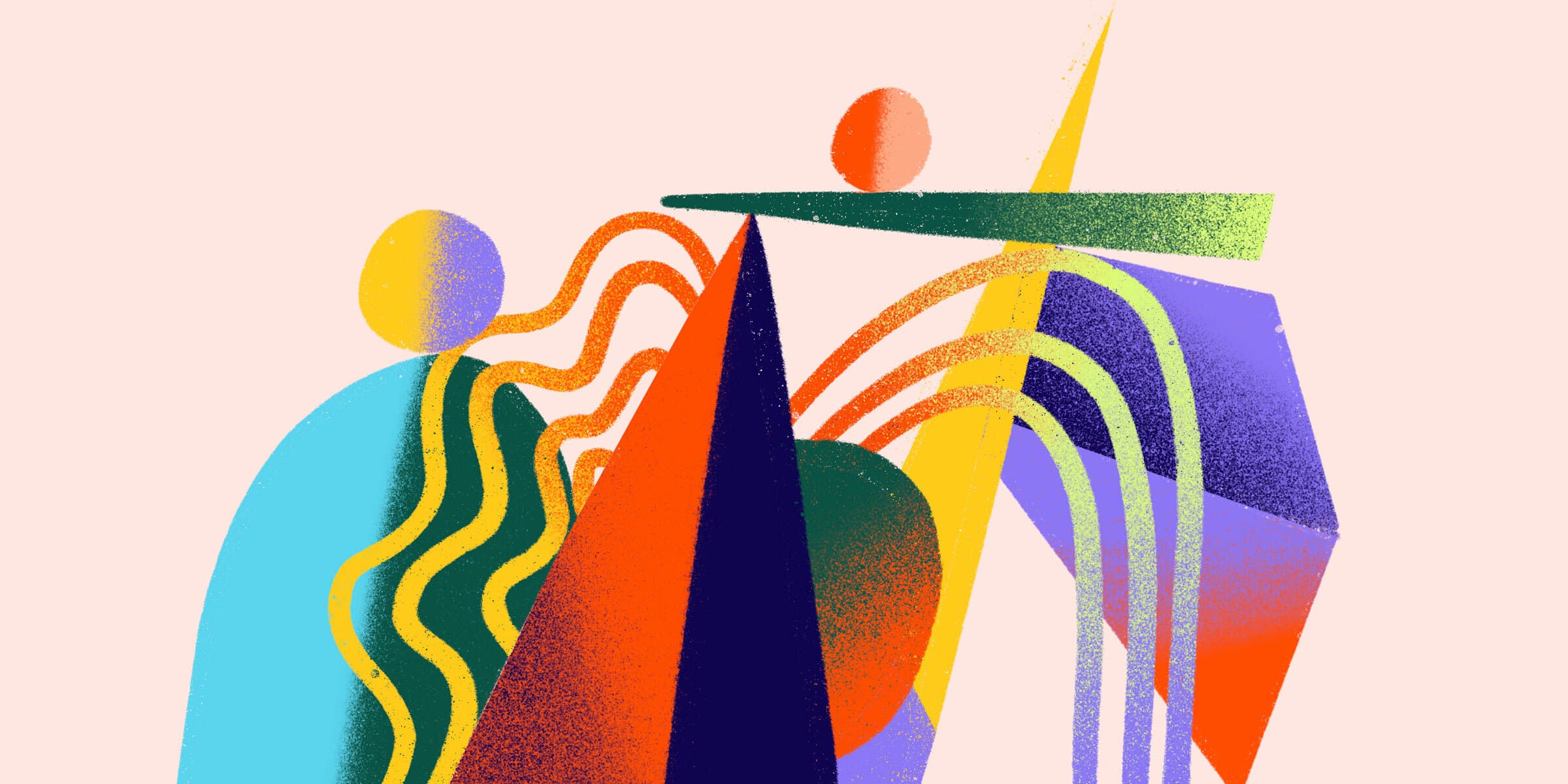 Abstract image featuring geometric shapes and flowing lines in vibrant colors. Circles, triangles, and wavy lines in shades of blue, orange, green, and purple are arranged against a light pink background, creating a dynamic and visually engaging composition.