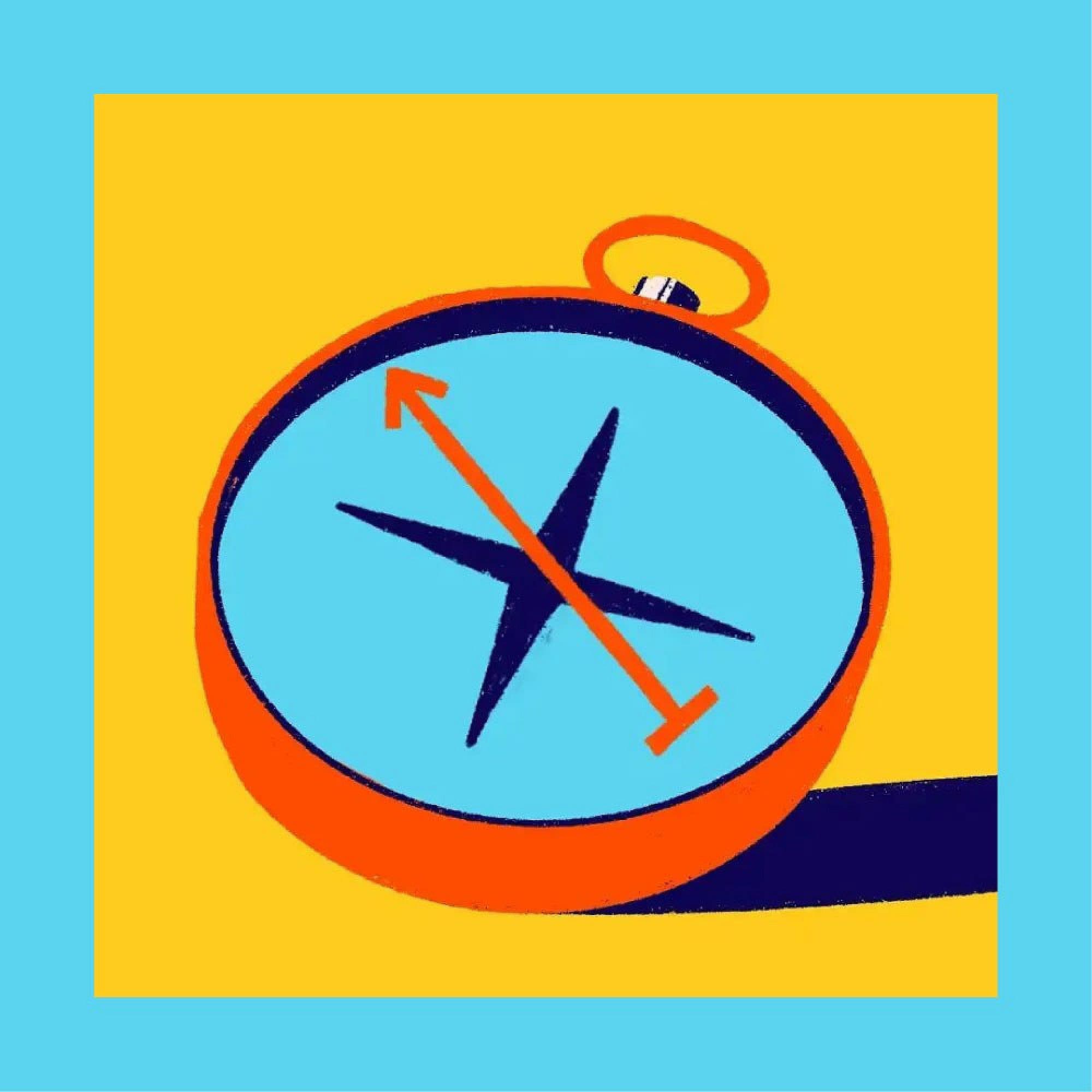 A stylized illustration of a compass with a blue face, orange-rimmed case, and a bold arrow pointing diagonally. The background is bright yellow with a blue border.