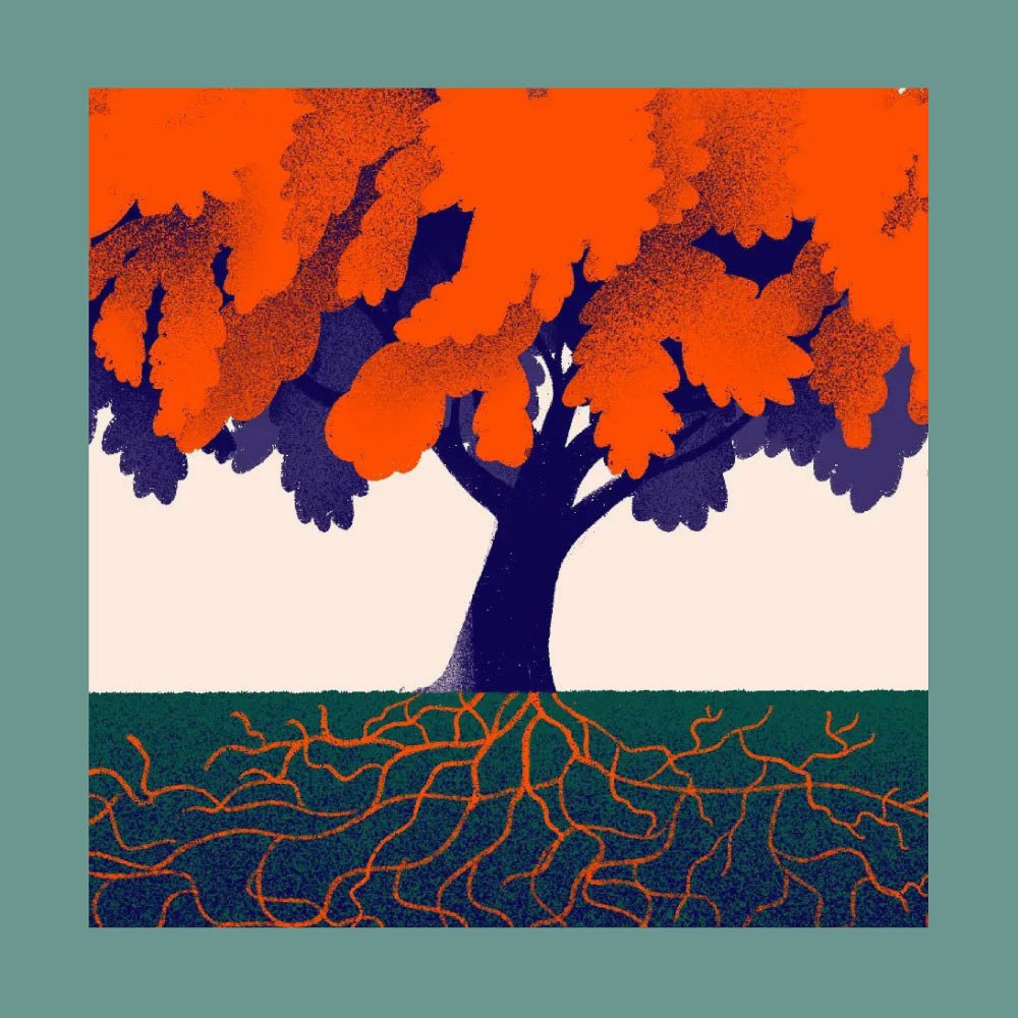 Illustration of a tree with orange leaves and dark blue trunk, set against a light background. Visible roots spread out underground, mirroring the tree's branches above. Image is framed by a teal border.
