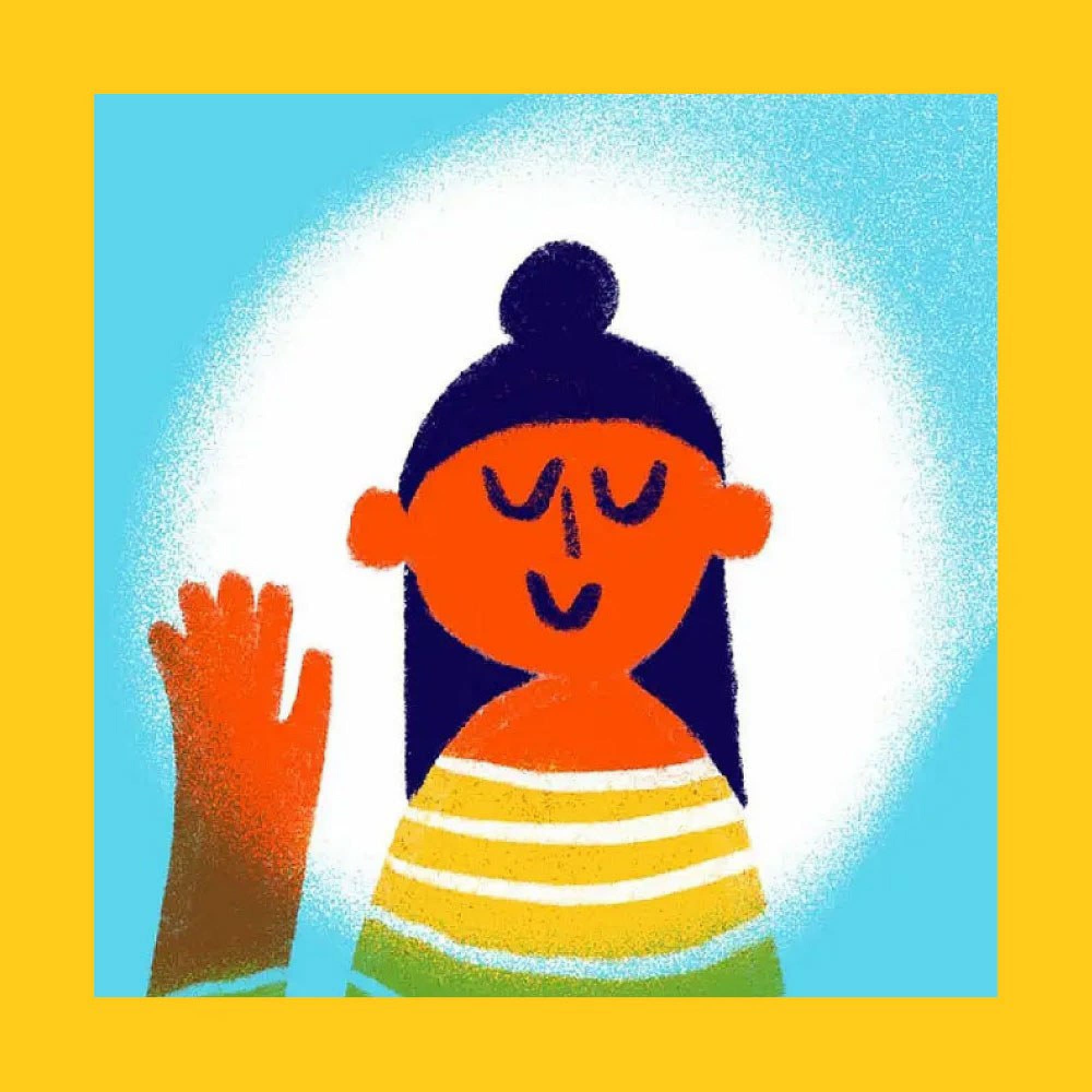 Colorful illustration of a smiling person with dark hair in a bun, wearing a yellow and white striped shirt, raising their hand in a wave. The background is blue with a yellow border.
