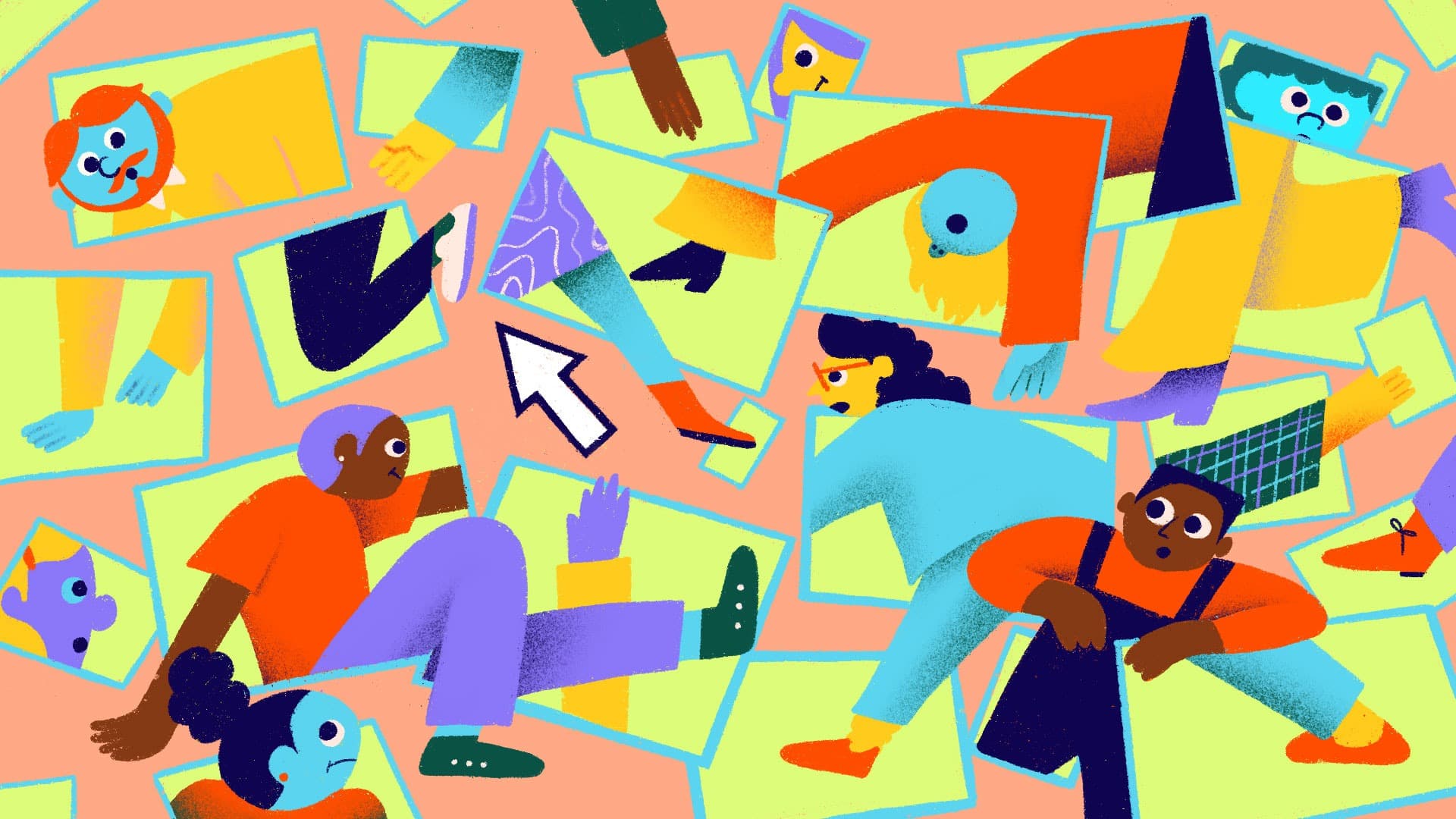 An abstract illustration depicts colorful, fragmented human figures and limbs inside overlapping rectangles on a peach background. A large mouse cursor is centered, pointing at one rectangle. The style is playful and vibrant, with varied poses and bright colors.