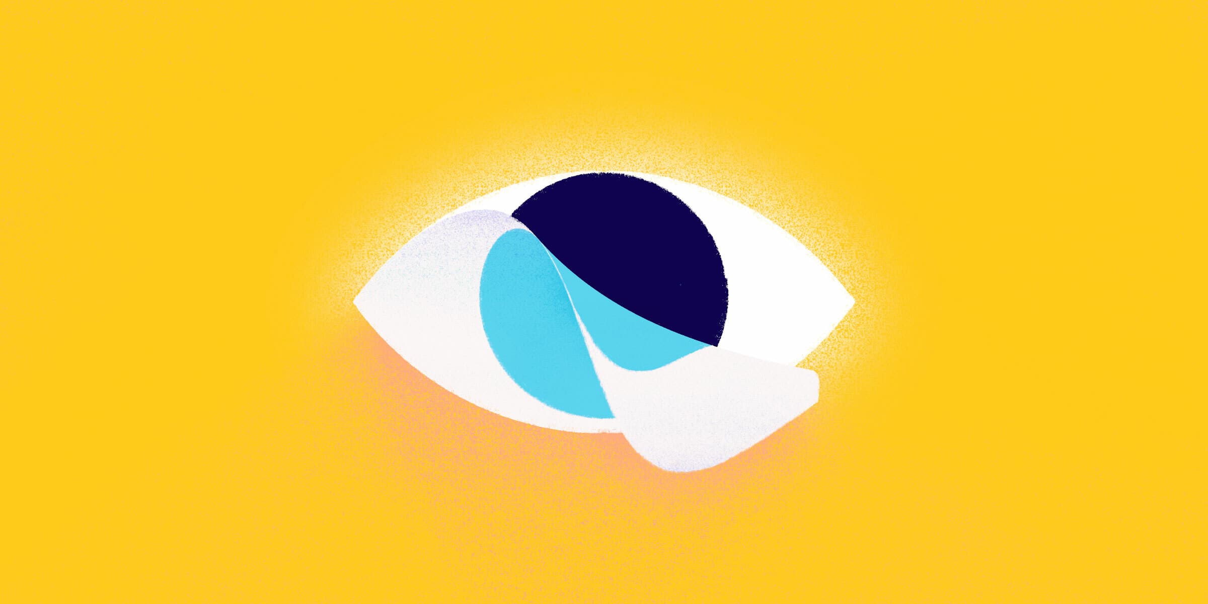 An abstract eye illustration with a white sclera and a dark blue pupil partially covered by light blue and white overlapping shapes, set against a bright yellow background.
