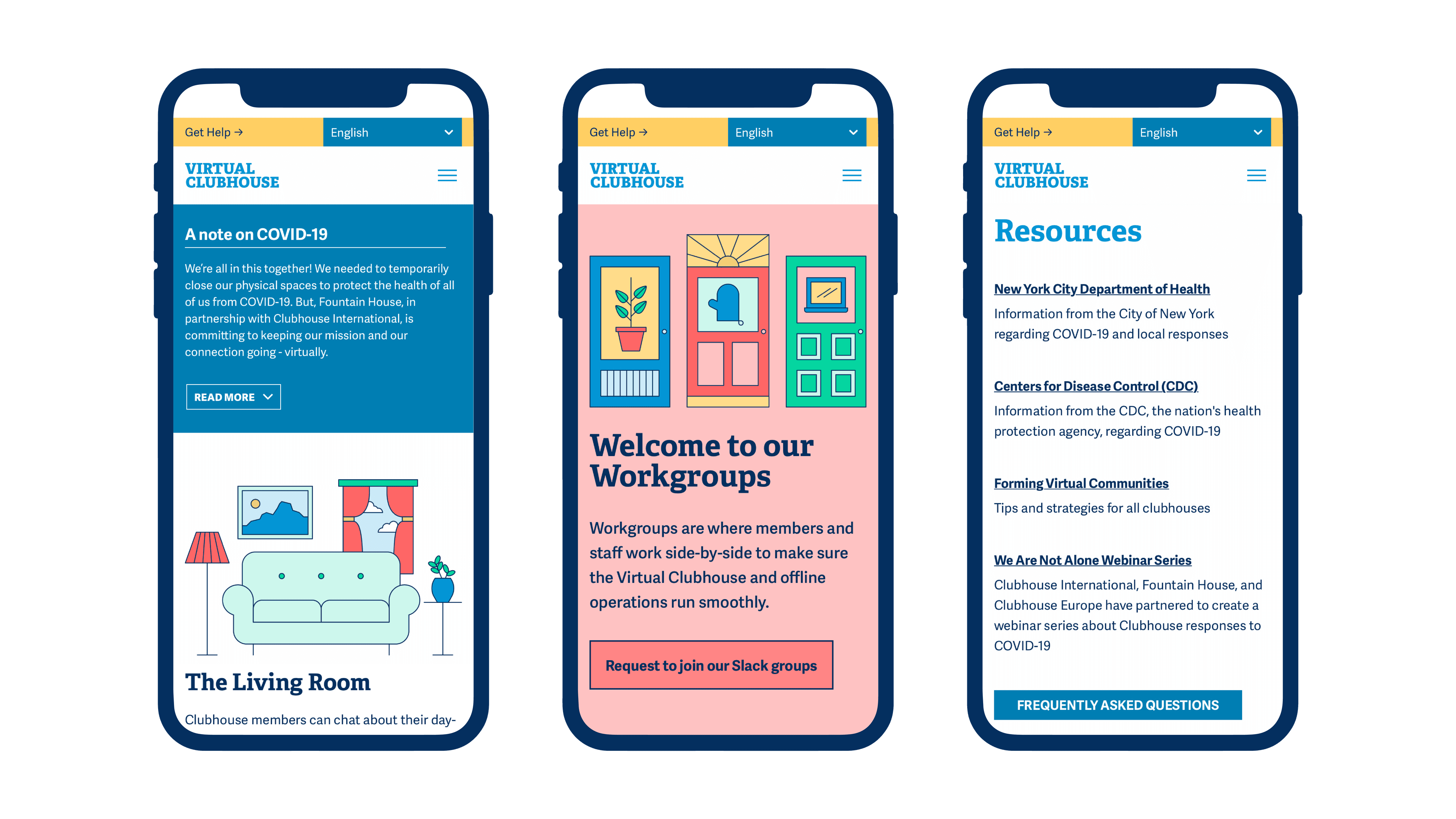 Three smartphones display pages from the Virtual Clubhouse website. The first phone shows an announcement on COVID-19. The second phone highlights an invitation to join workgroups. The third phone lists resources, including health, legal, and community assistance.