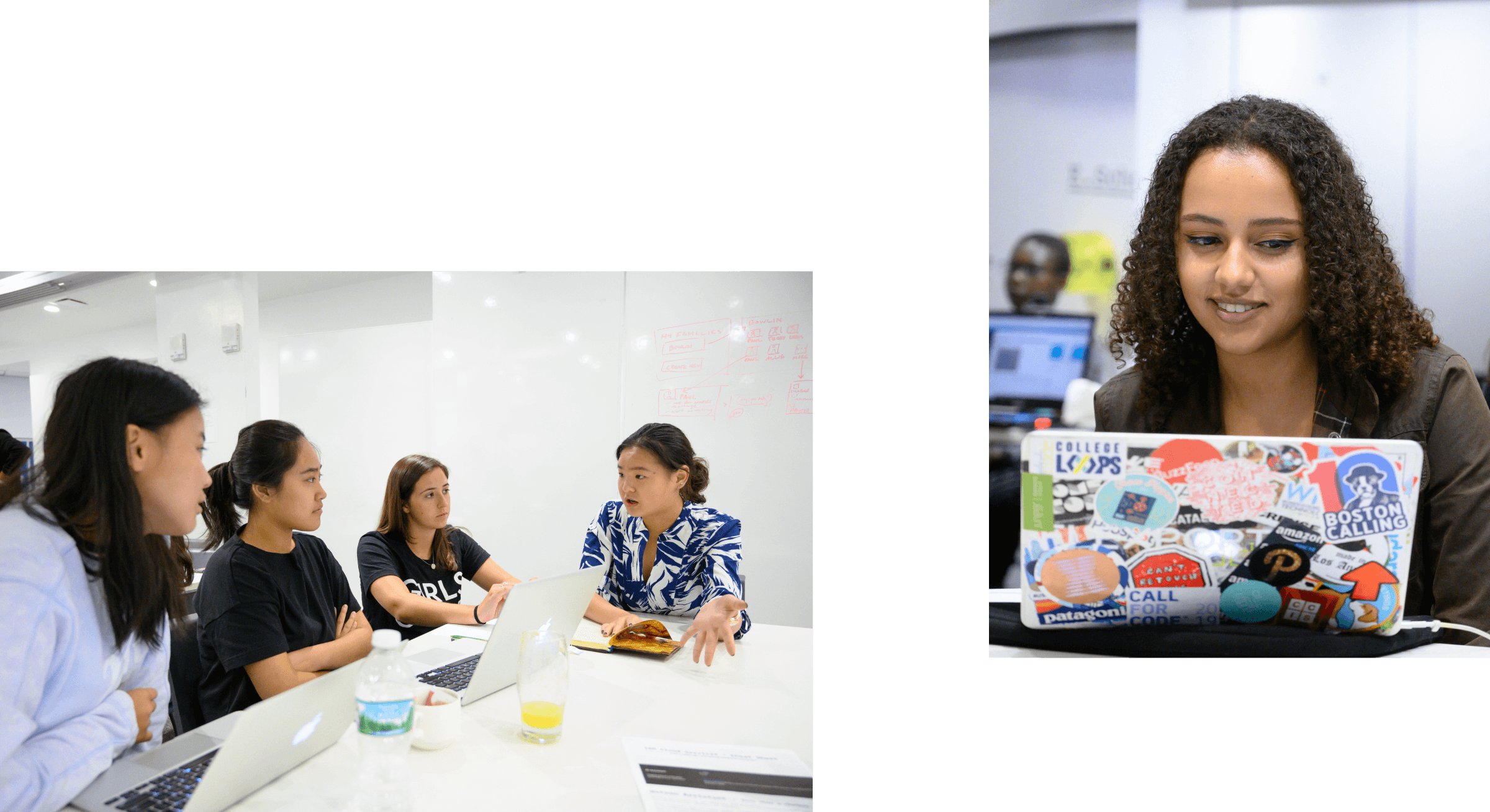 First image: Four women sit at a table with laptops and a whiteboard behind them, engaged in discussion. Second image: A woman with curly hair smiles while looking at her laptop, which is covered in various stickers.