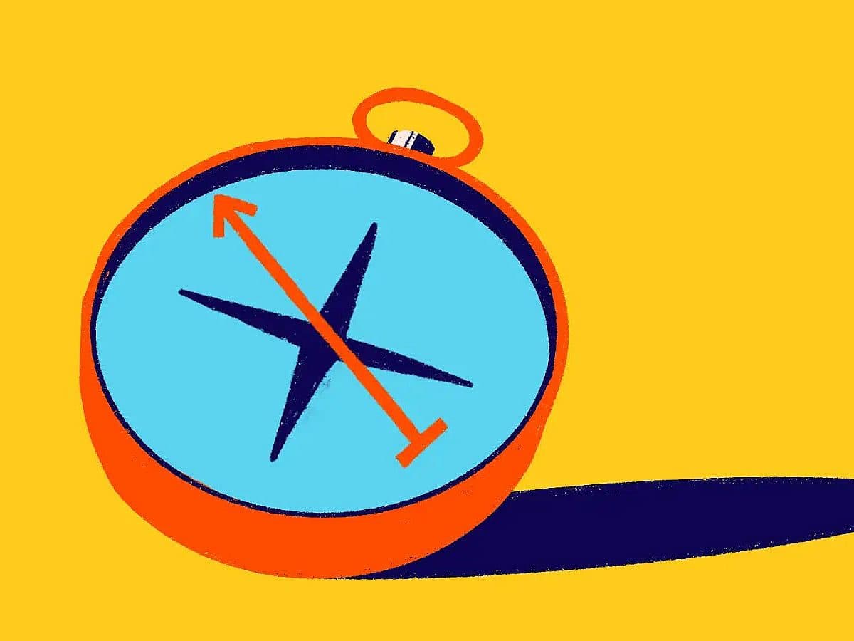 Illustration of a compass with a bright blue face, red-orange casing, and a purple needle pointing northeast. The background is a solid yellow, and the compass casts a shadow.